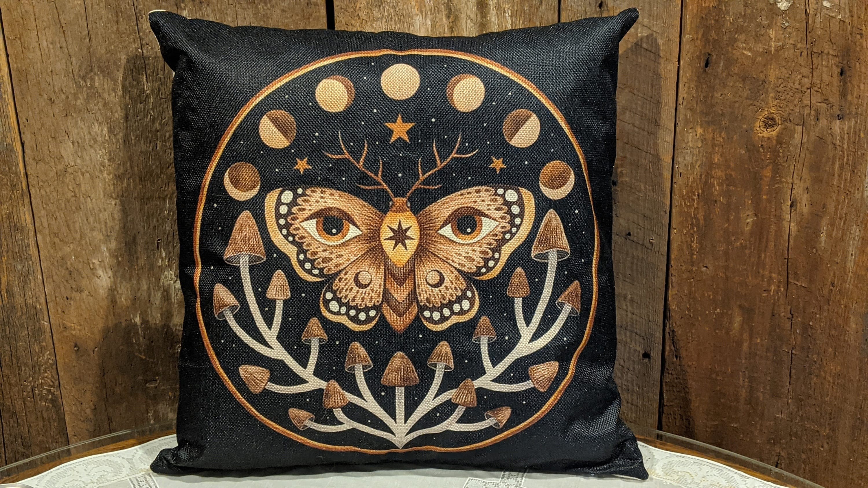 Celestial Moth Pillow Cover: Moon Phase, Stars, Mushrooms (18"x18")
