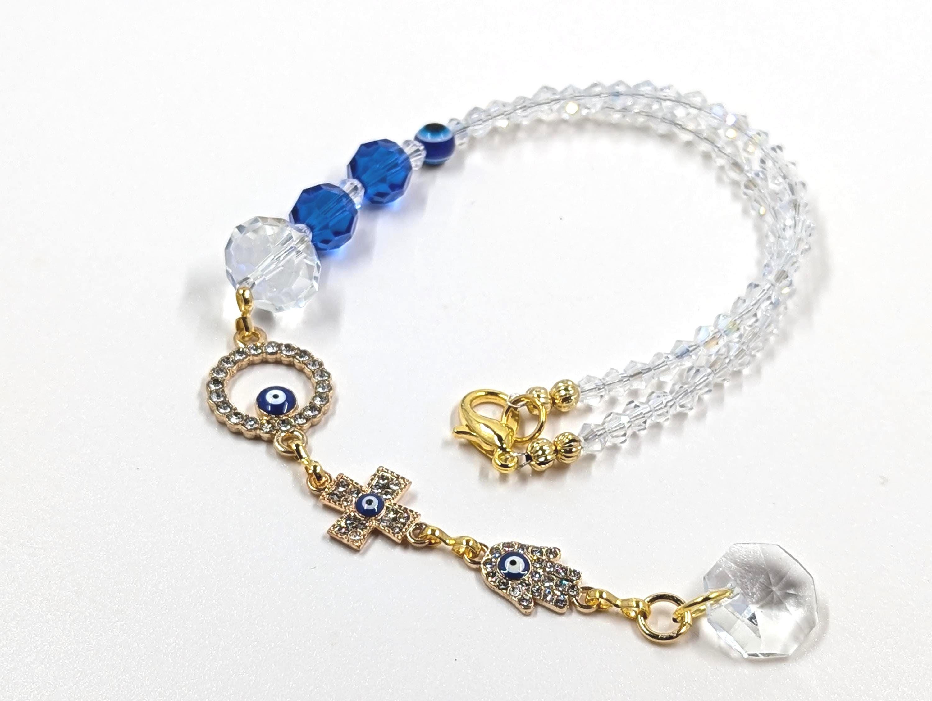Evil Eye Car Charm: Fatima Hand, Sapphire Crystal Amulet