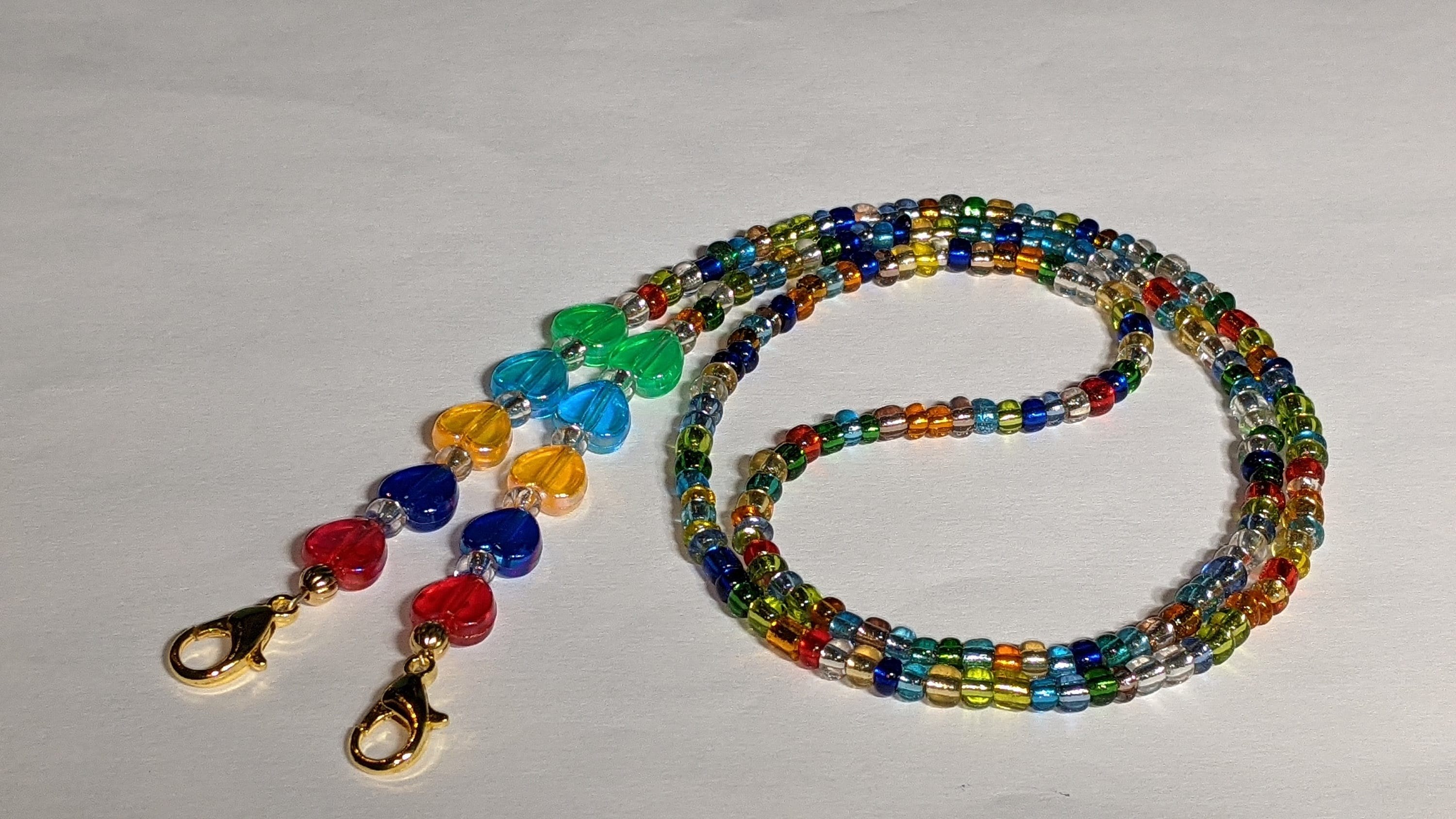 Rainbow Seed Bead Eyeglass Chain Lanyard with Colorful Hearts