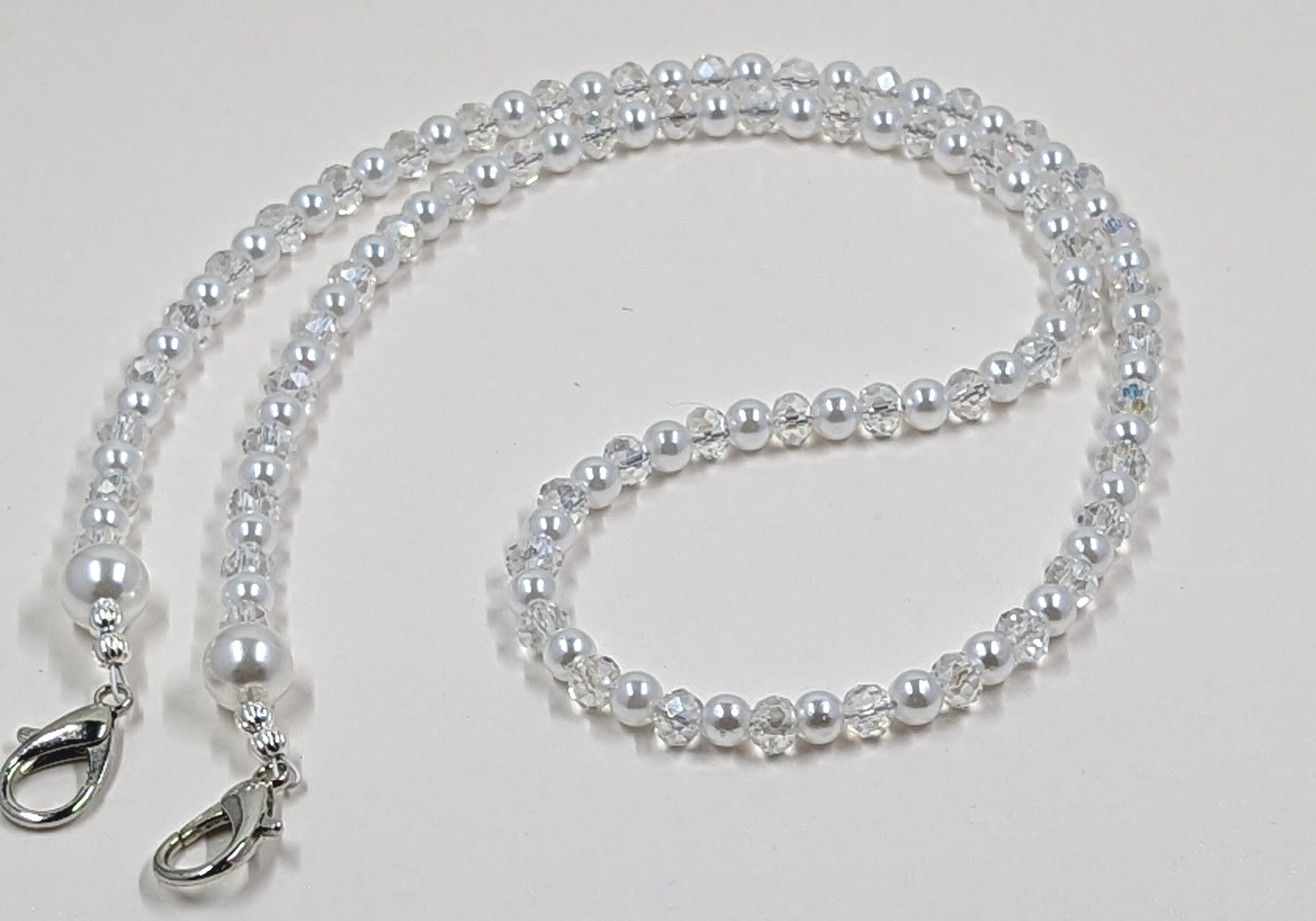 Crystal Pearl Eyeglass Chain: Silver Face Mask Lanyard, 26"