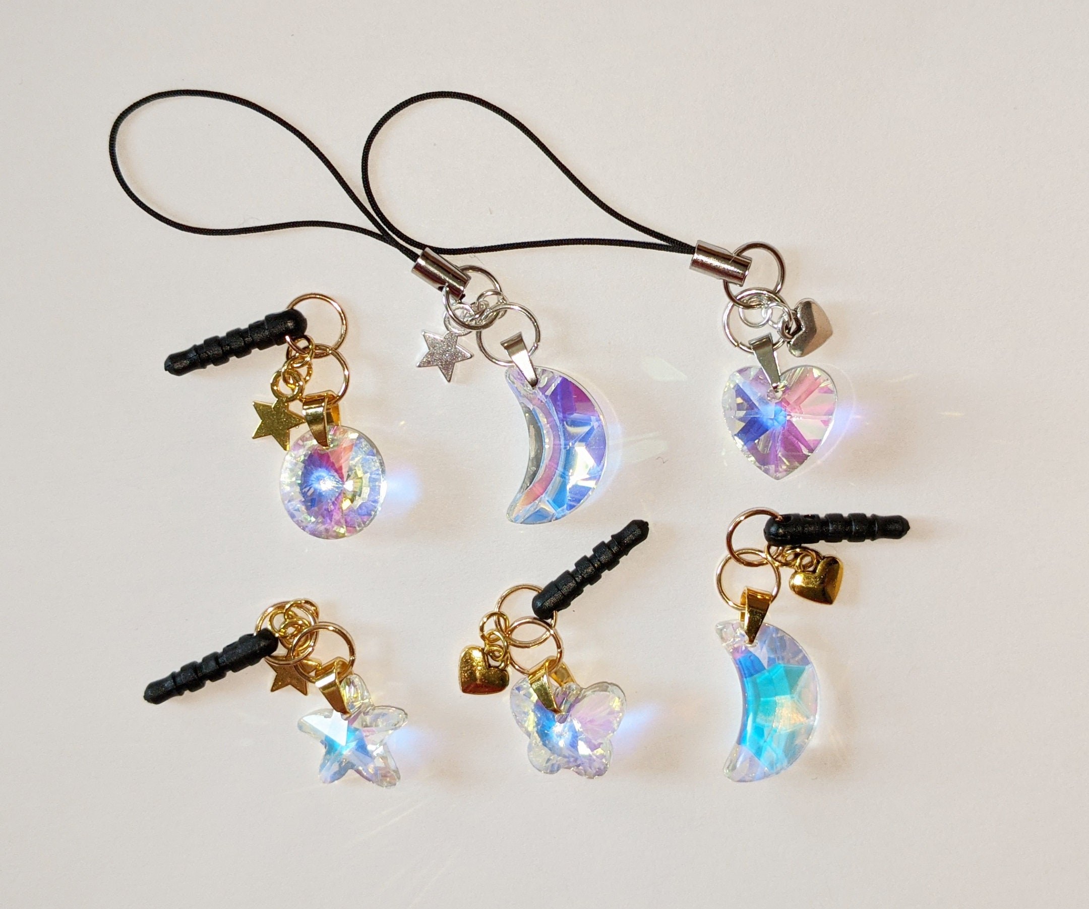 AB Crystal Cell Phone Charm: 3.5mm Audio Jack or Strap - Moon, Starfish, Heart