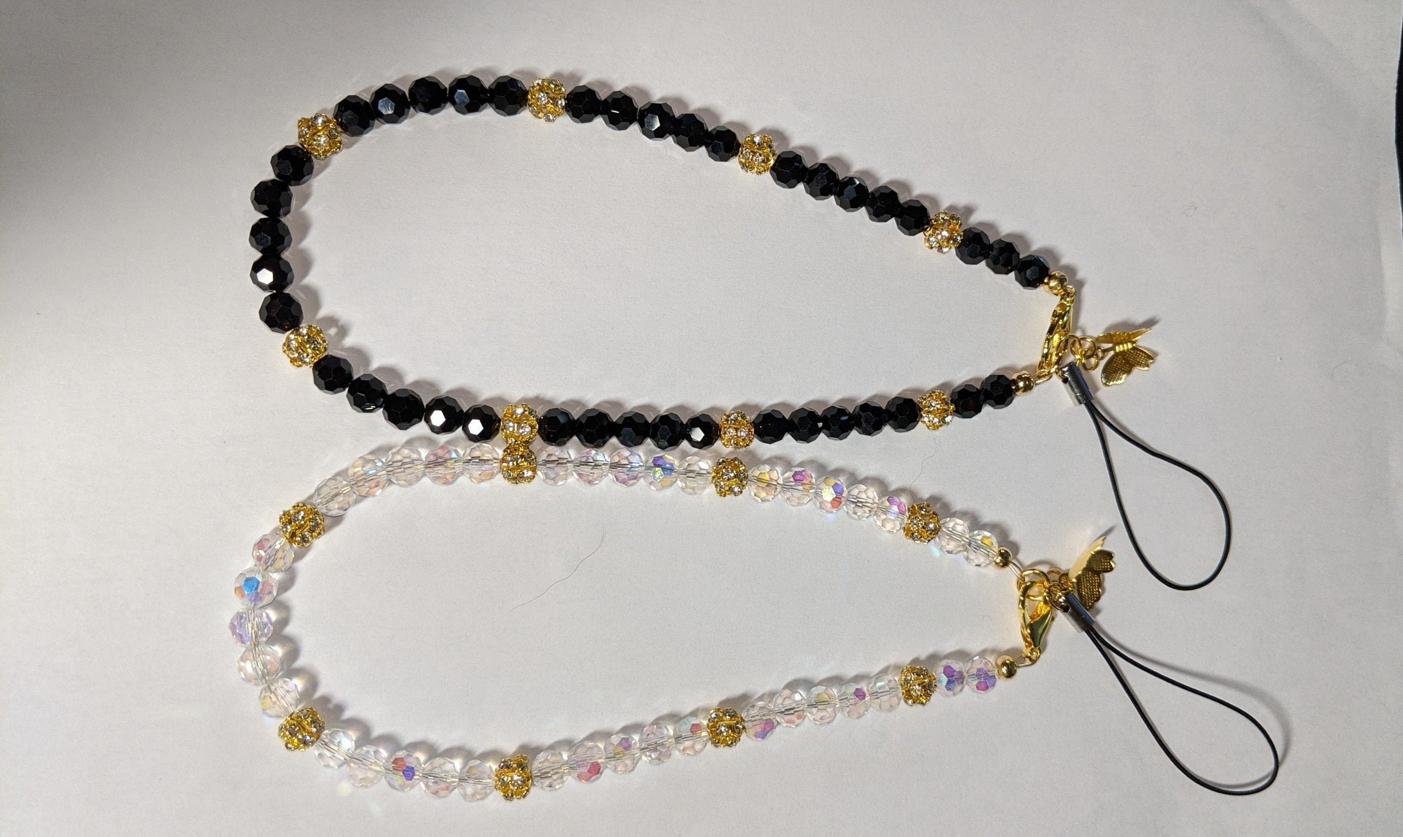 Crystal Cell Phone Strap: AB Clear or Black Crystals, Gold Butterfly
