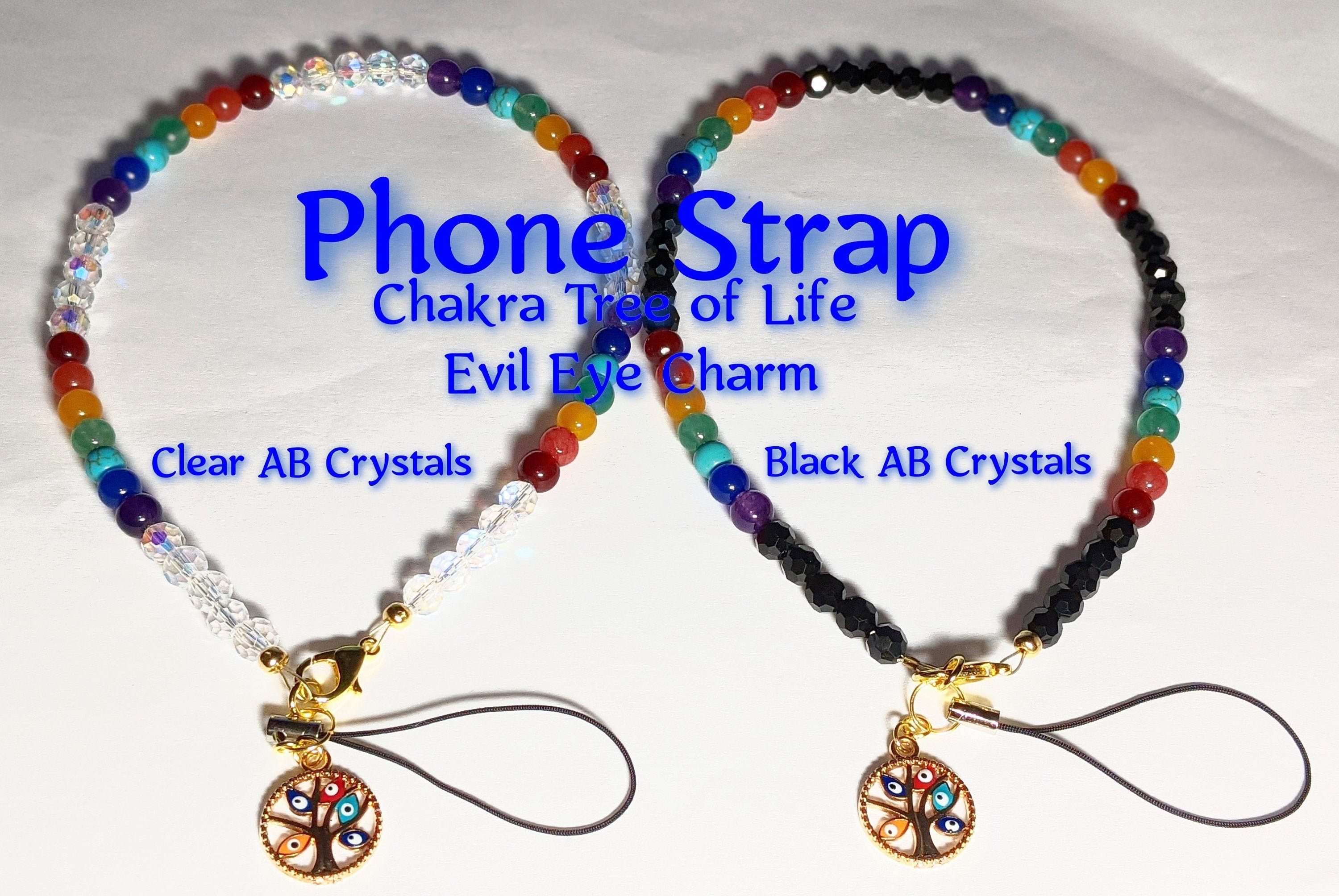 Chakra Cell Phone Strap: Tree of Life Evil Eye Charm, AB Crystals