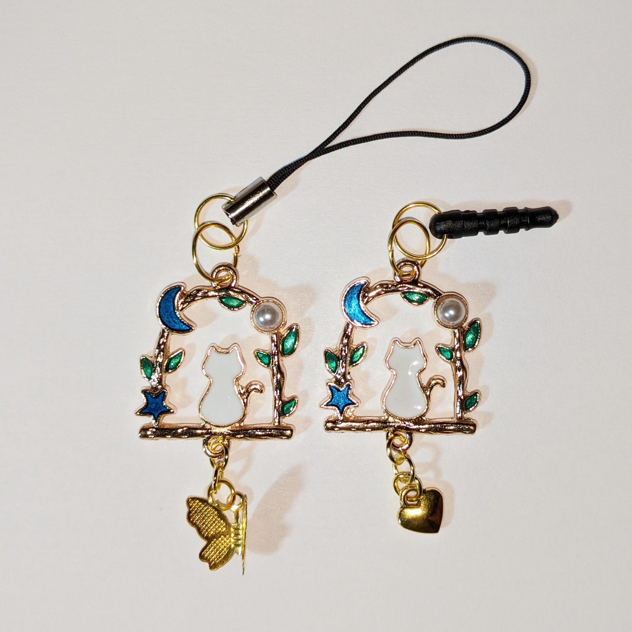 White Cat Charm: Gold Moon, Star, Pearl - Phone Charm or Strap