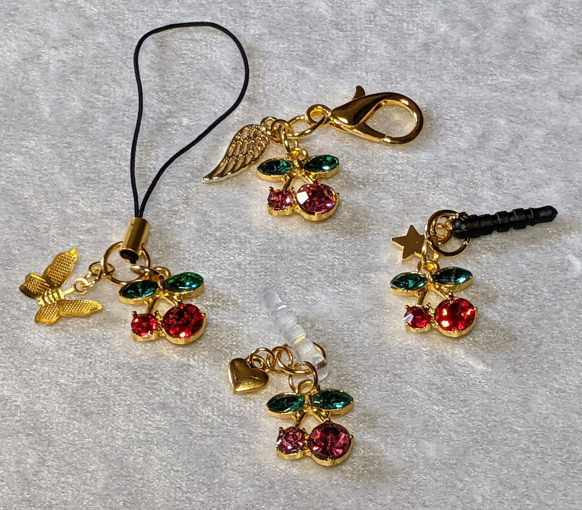 Crystal Cherry Charm: Gold Clip, Strap, or Audio Jack Plug