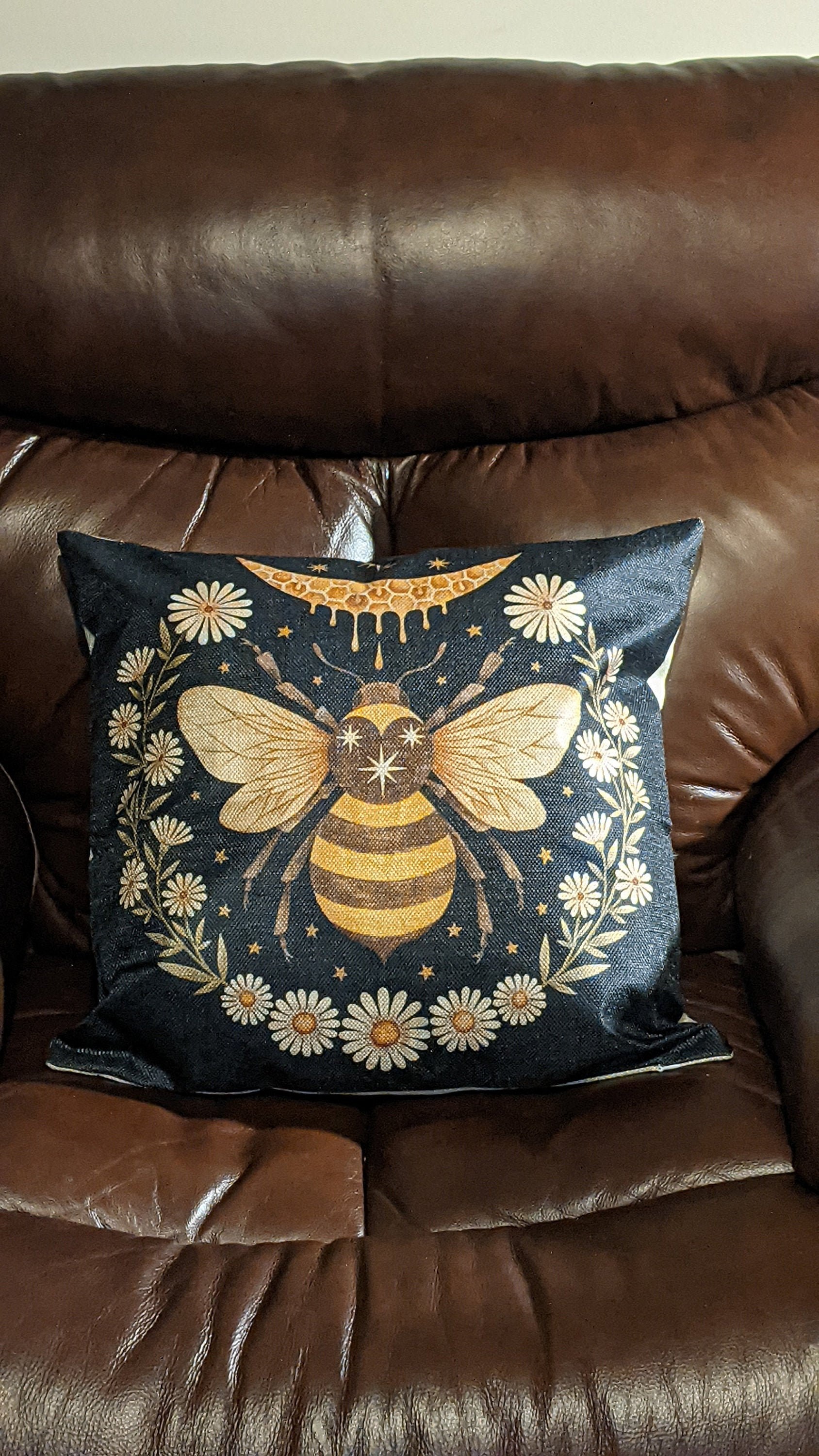 Bee & Crescent Moon Pillow Cover: Celestial Daisies, Black Magic (18"x18")