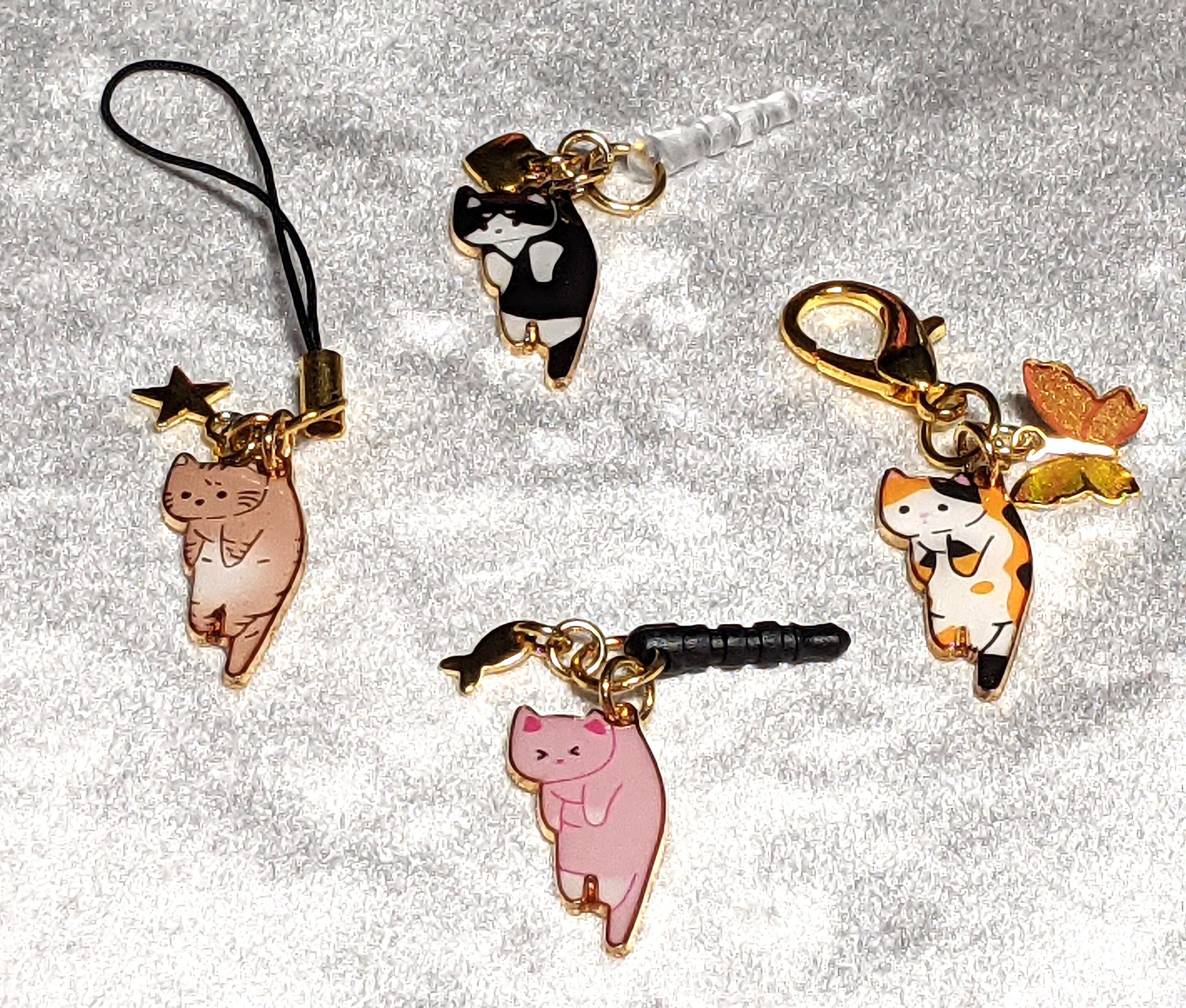 Cell Phone Charm Dust Plug Keychain Zipper Pull 3.5mm Audio Jack, Clip on or Strap Cute Hanging Cat with Gold Charm Customize your Choice!