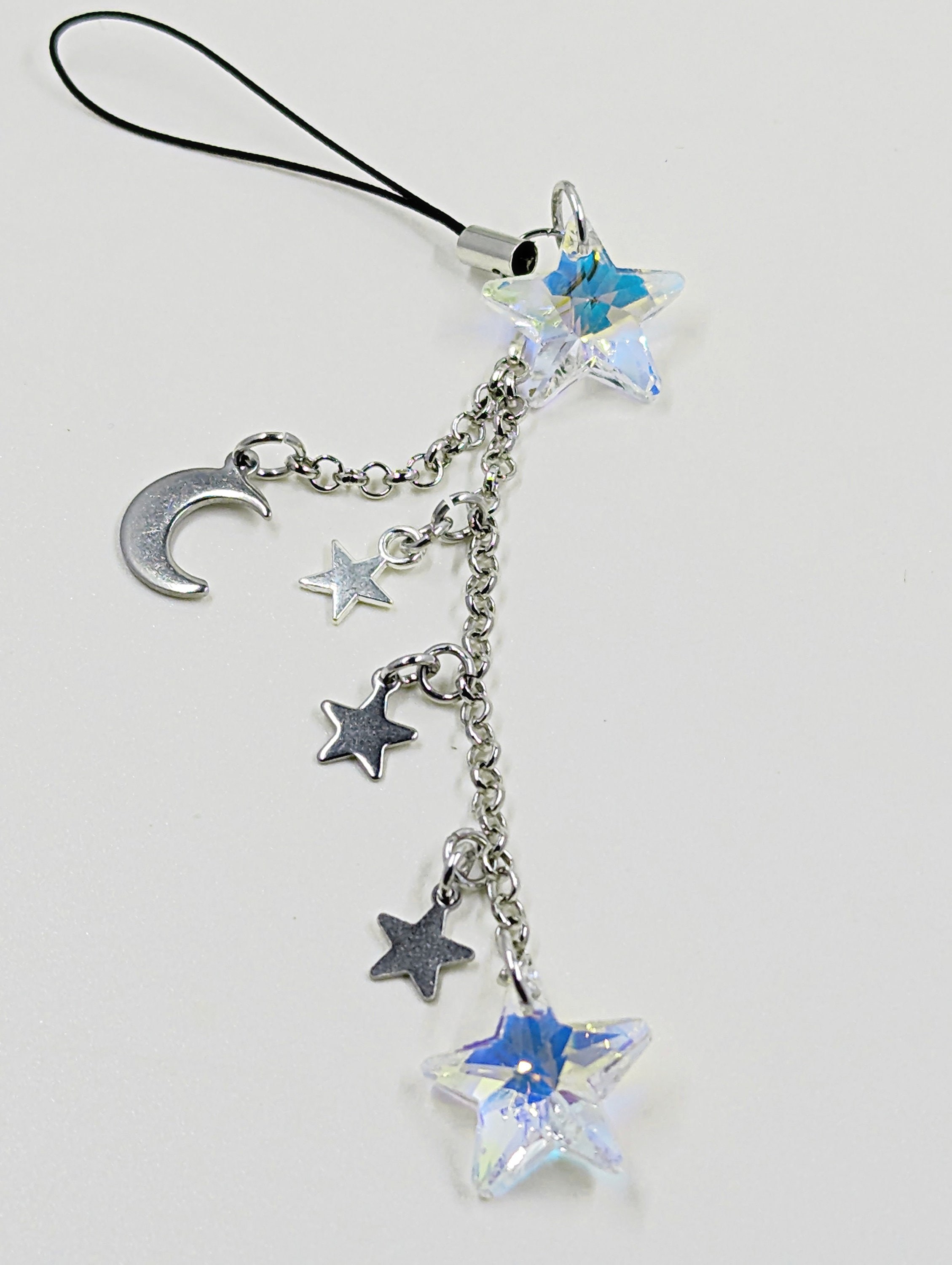 AB Crystal Star Cell Phone Charm: Silver Moon & Stars, Dust Plug or Strap