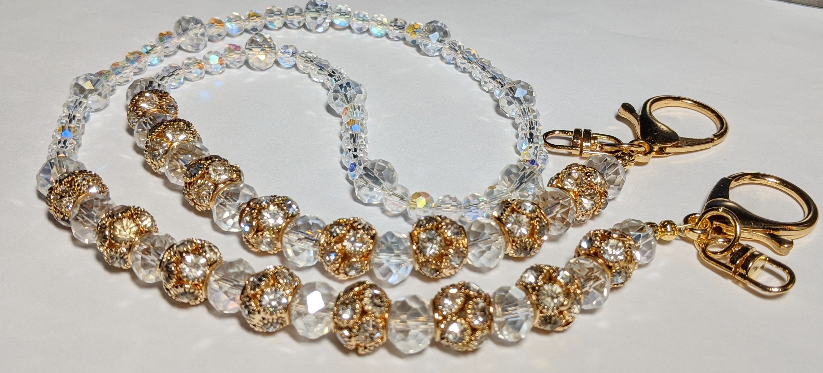 Bling Face Mask Chain Holder: Gold Disco Balls & AB Crystals