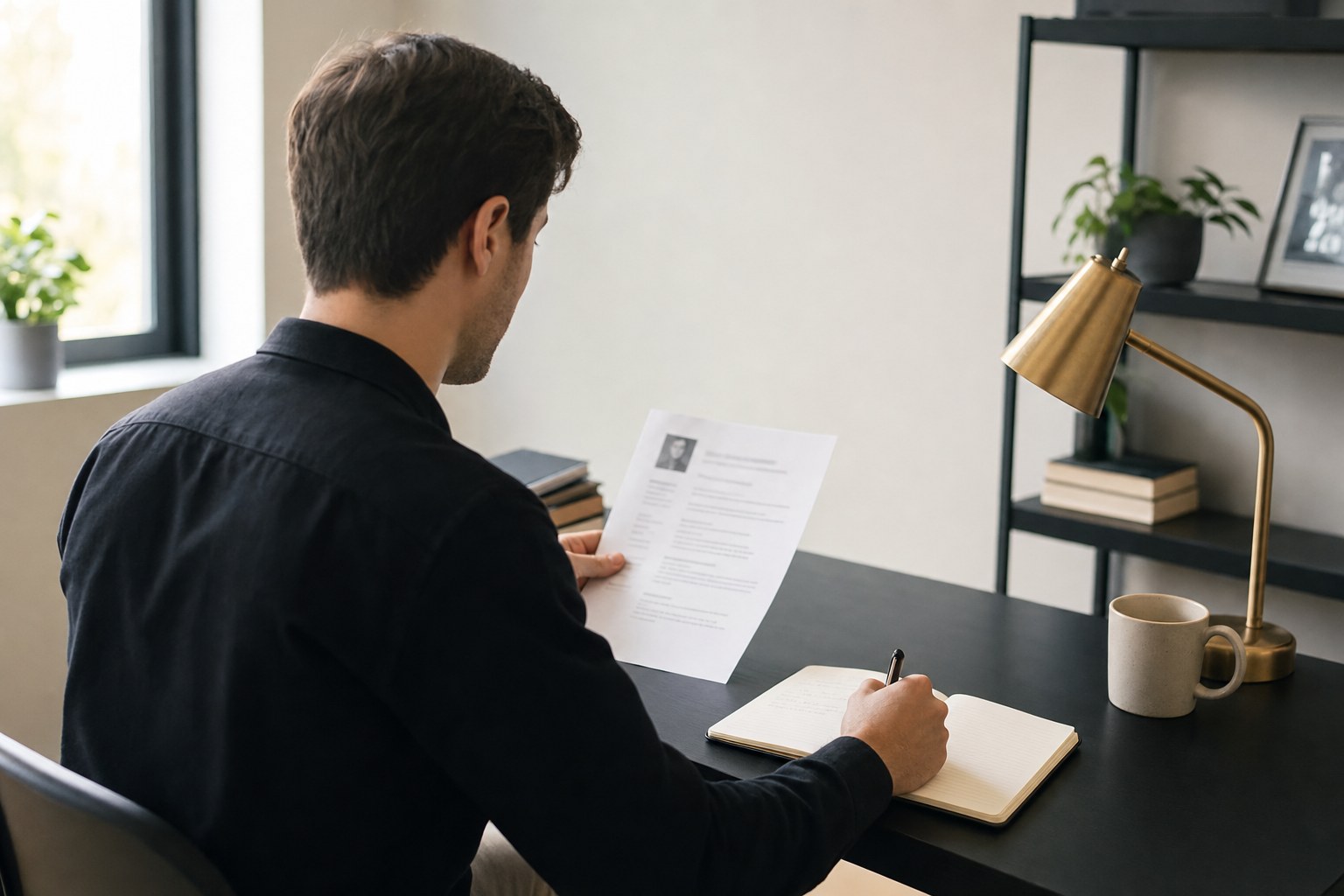 Early-career professional preparing a resume at a desk