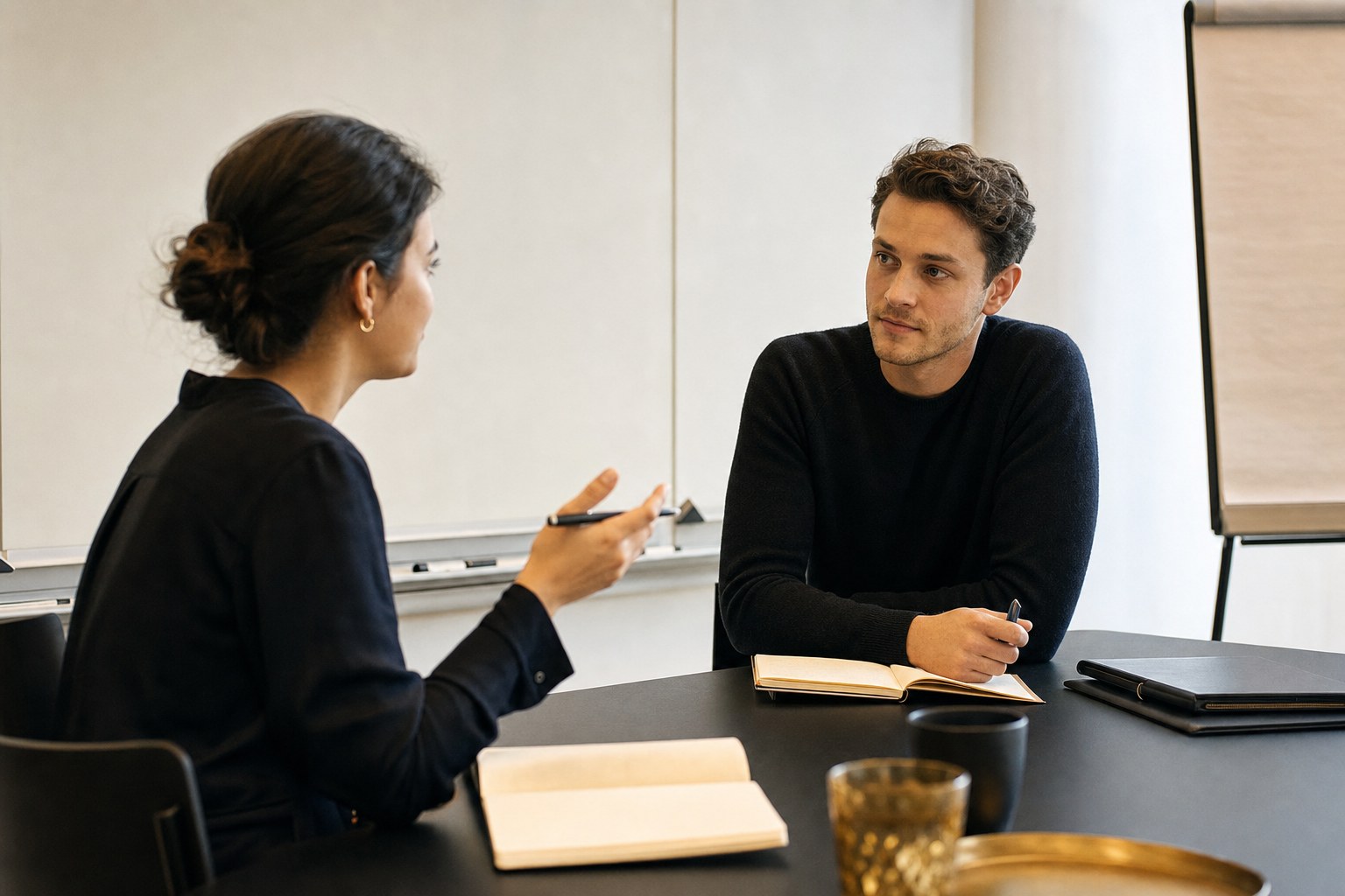 Two early-career professionals practicing an interview conversation