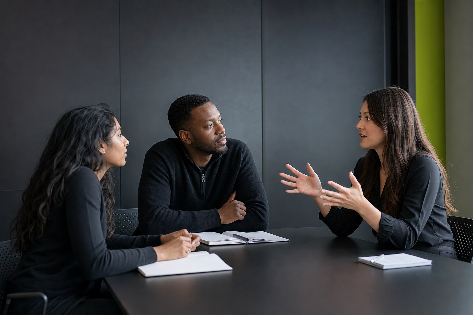Three coworkers practicing a customer conversation in a meeting room