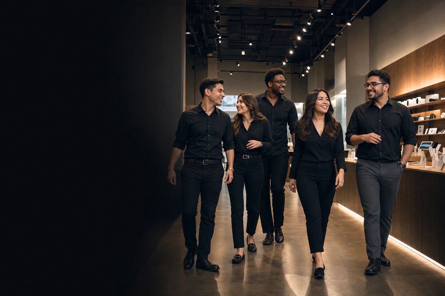 A diverse team walking together through a contemporary retail space