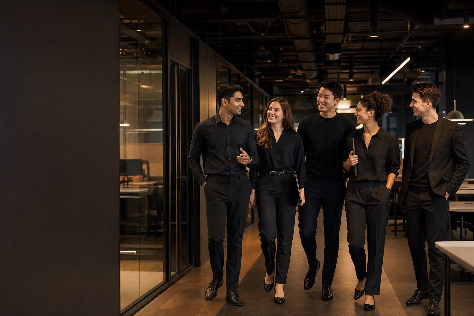 A team walking together through a contemporary office