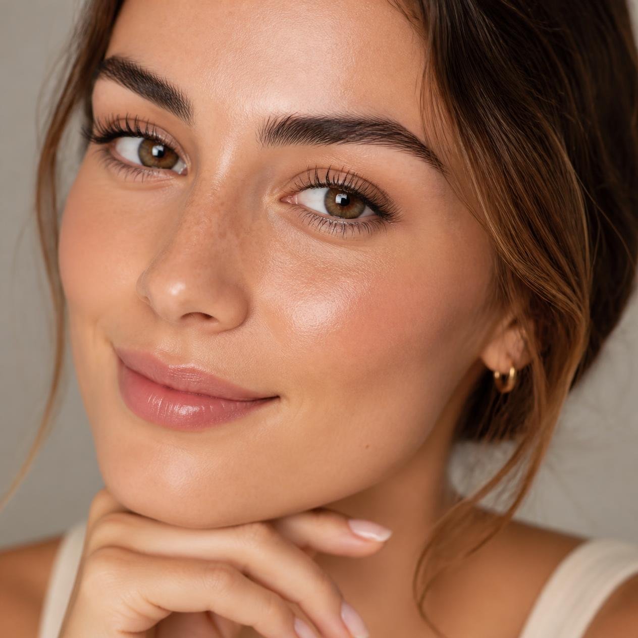 Close-up portrait of a woman with lifted, curled lashes