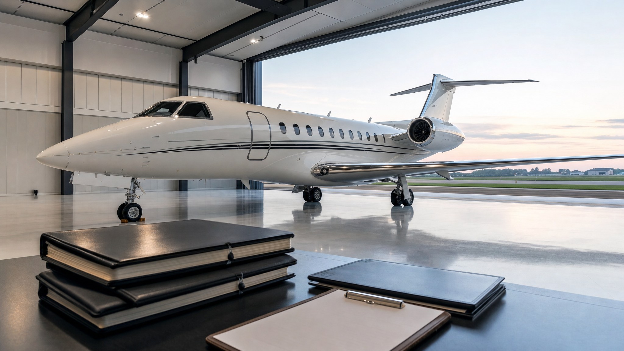 Business jet in a private hangar with aircraft logbooks prepared for review
