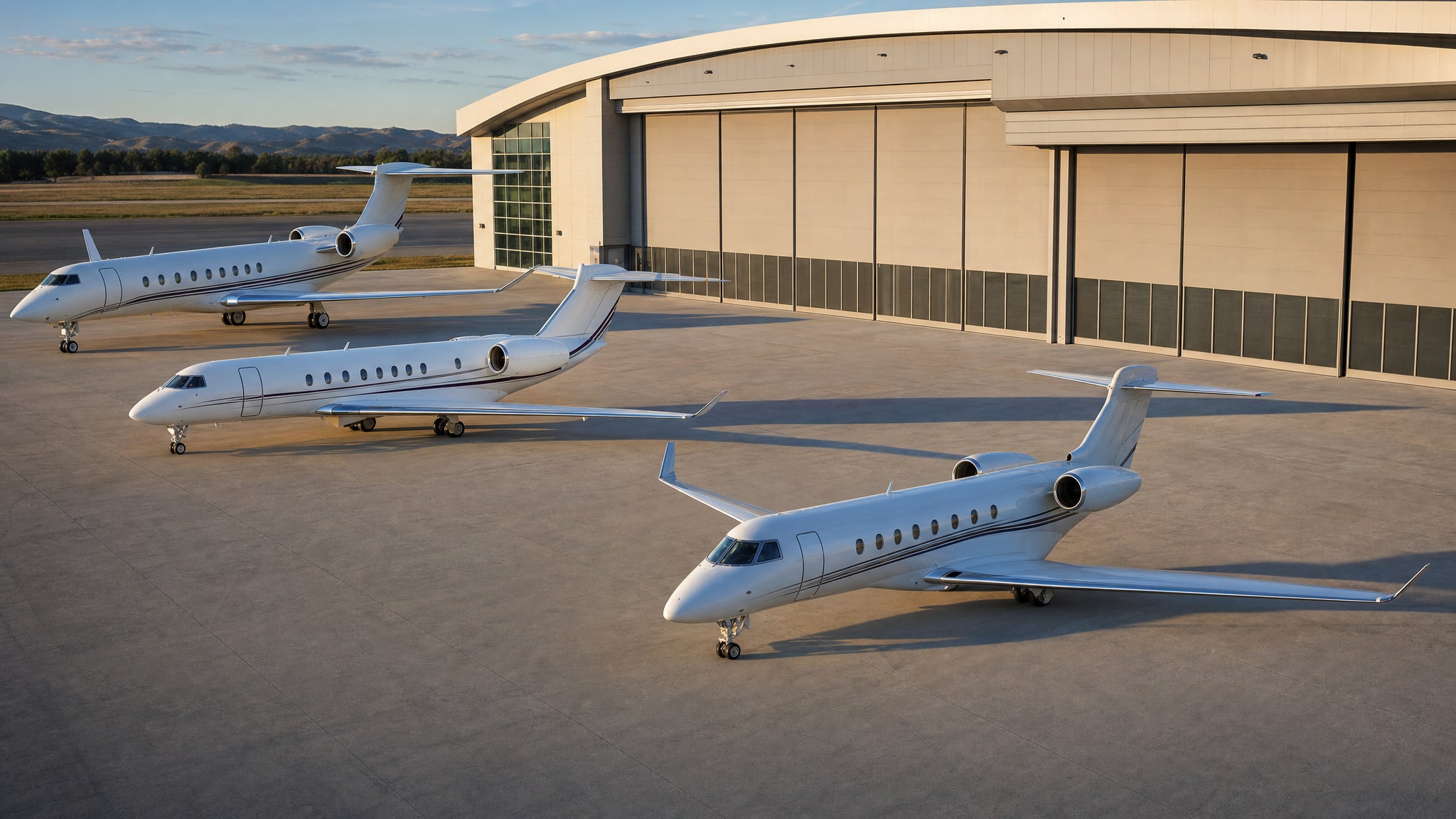 Three business jets parked outside a modern private aviation hangar