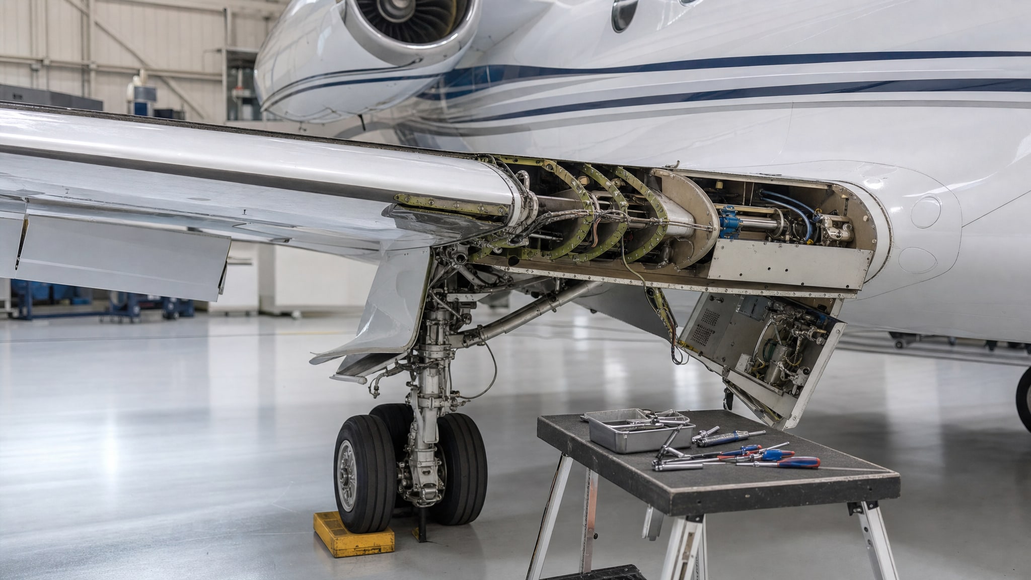 Business jet landing gear and an open maintenance inspection area in a hangar