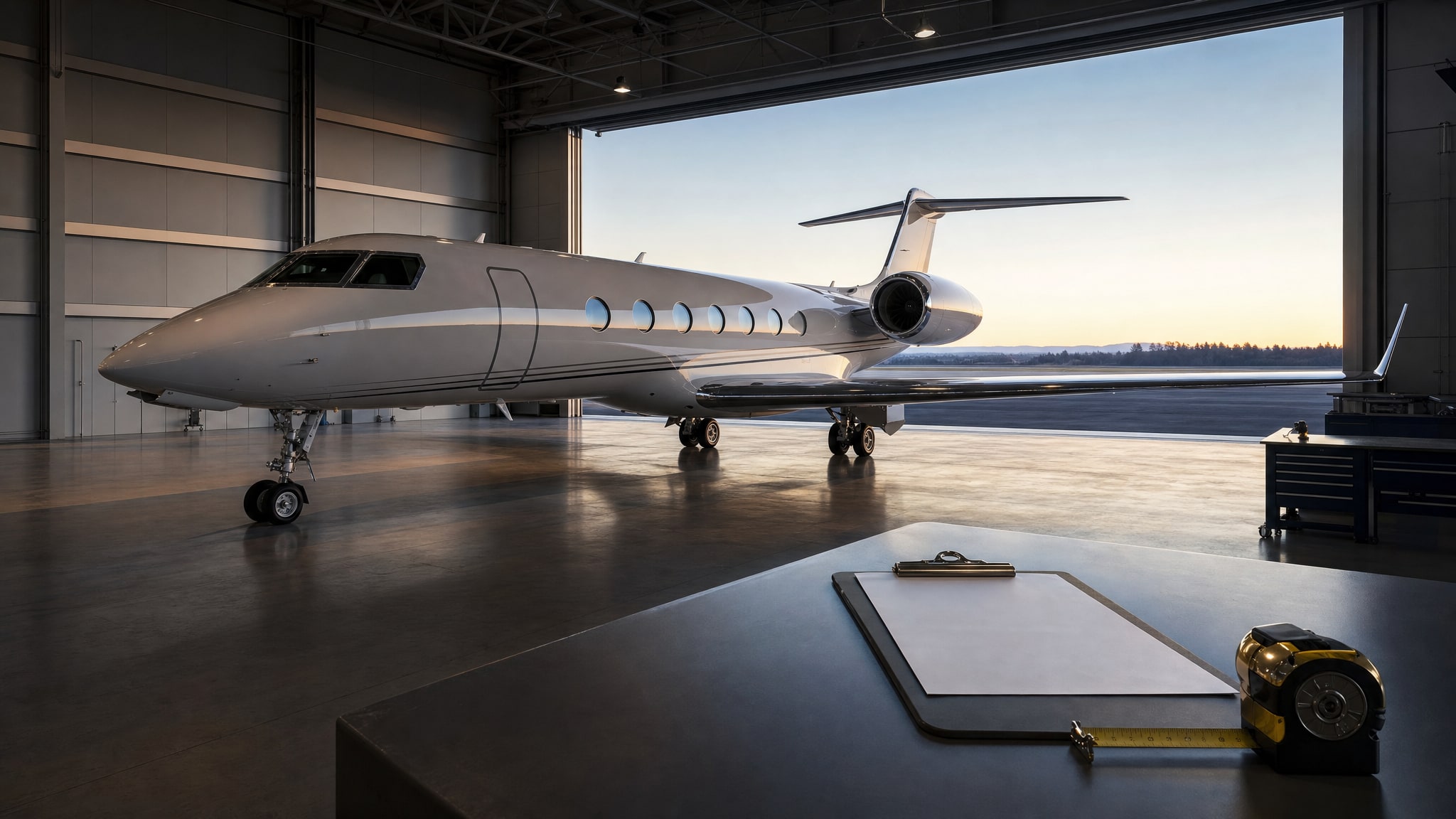 Business jet parked inside a private hangar with an inspection workspace