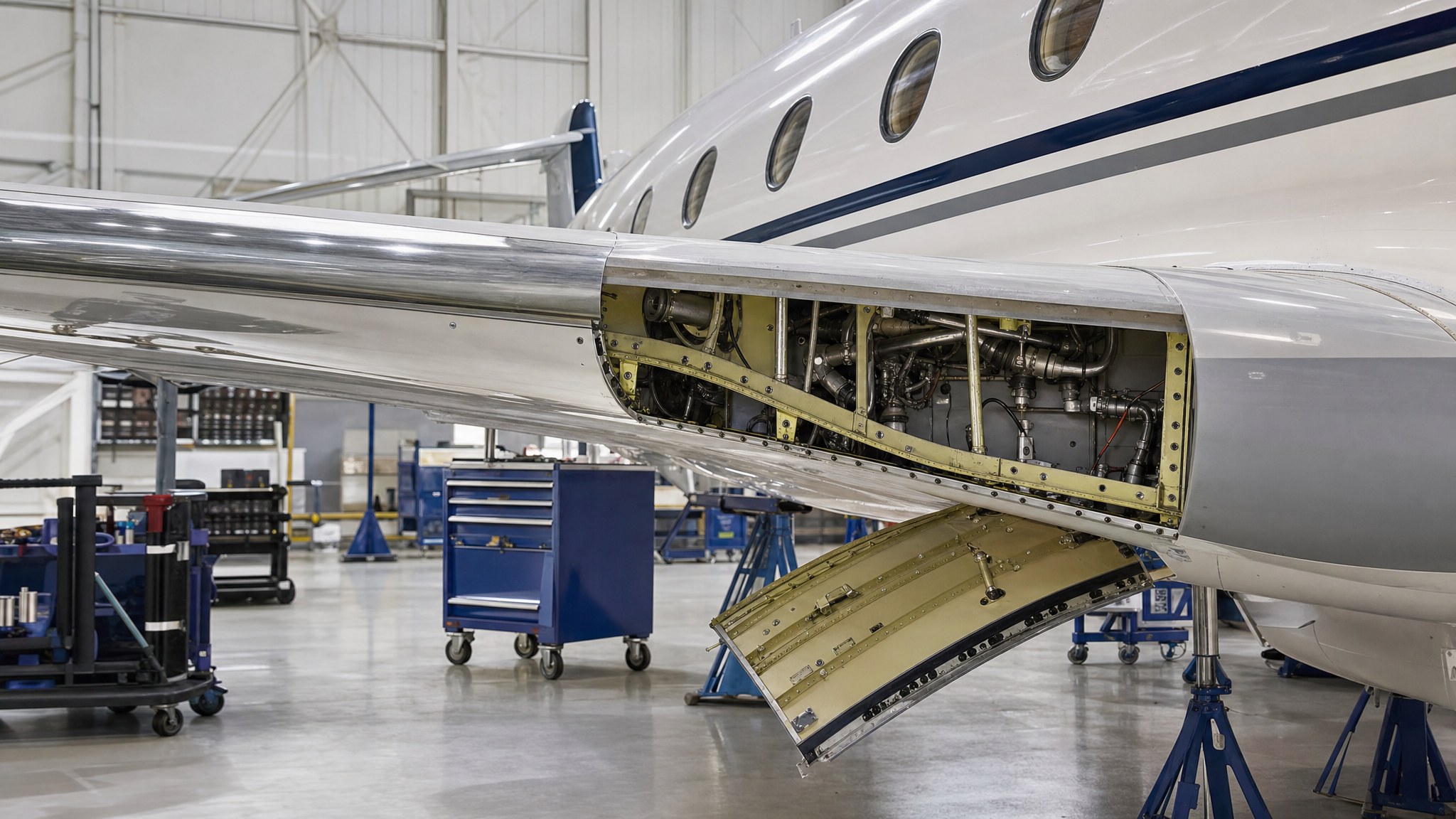 Business jet undergoing maintenance with an open access panel in a professional hangar
