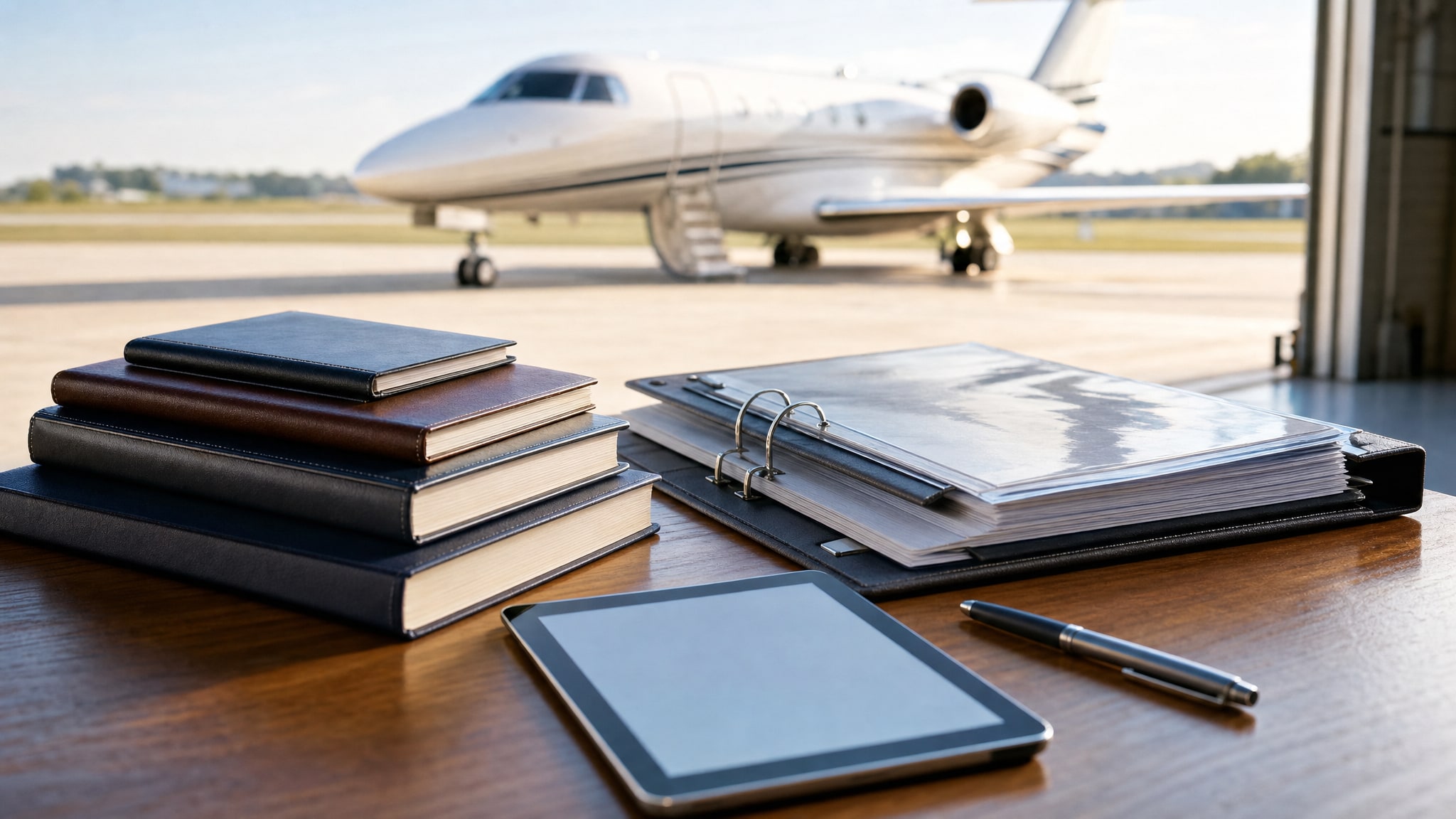 Aircraft logbooks and a maintenance binder arranged beside a business jet