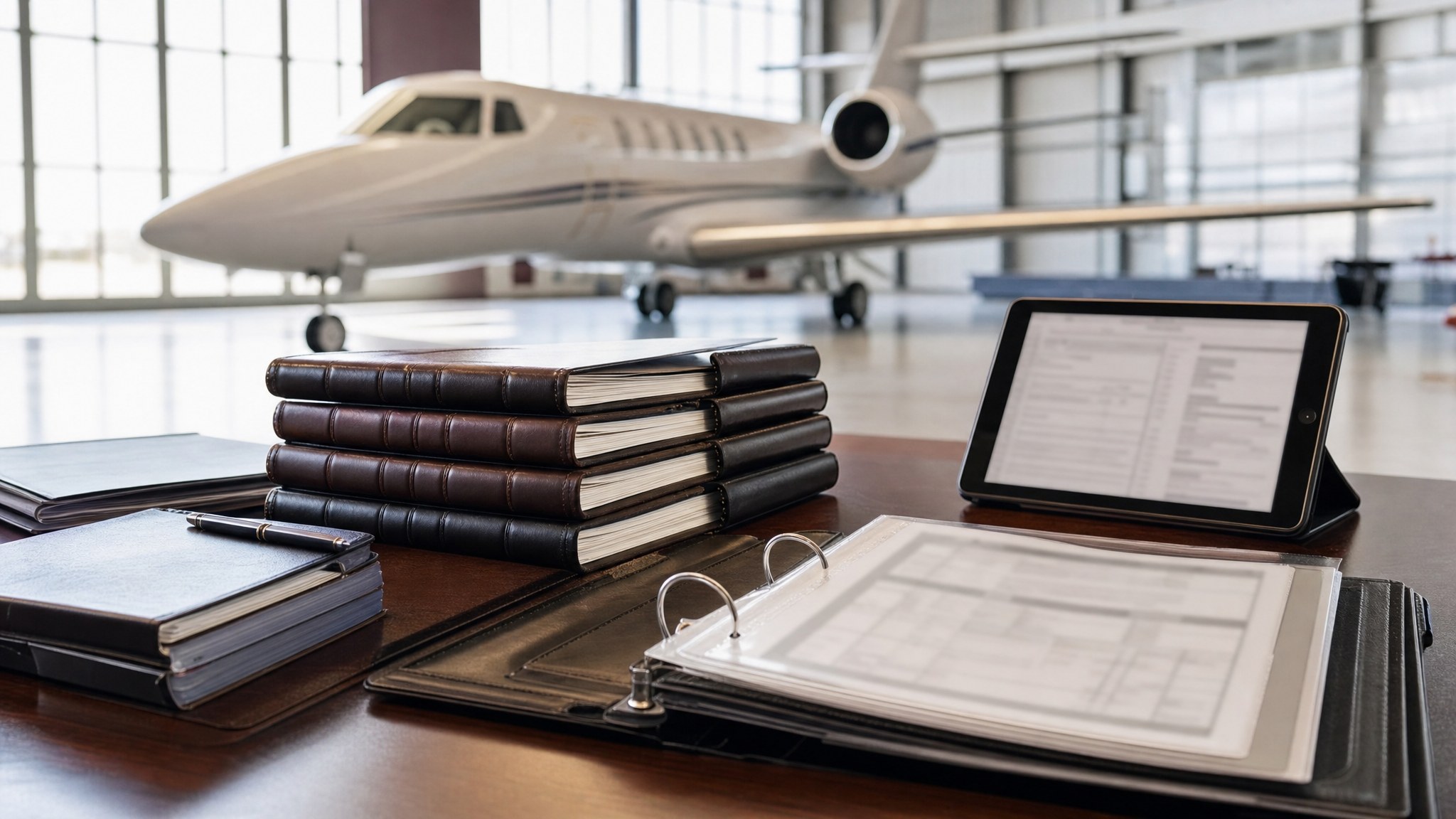 Organized aircraft logbooks and maintenance binders on a table in front of a business jet