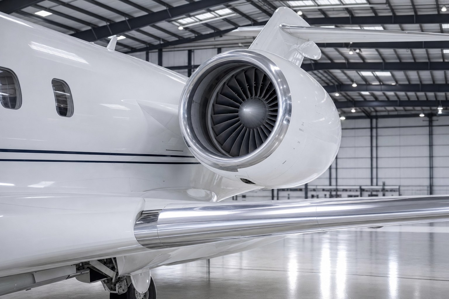 Close view of a business jet engine and wing root in a maintenance hangar