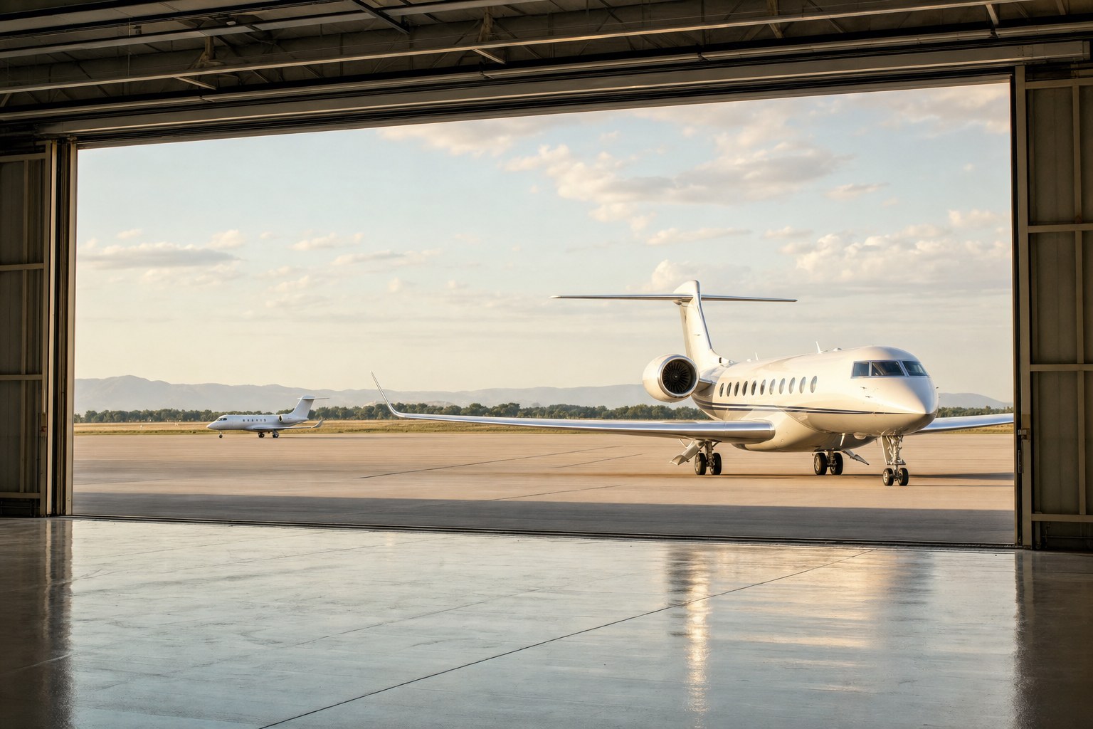 Business jets viewed from an open private hangar