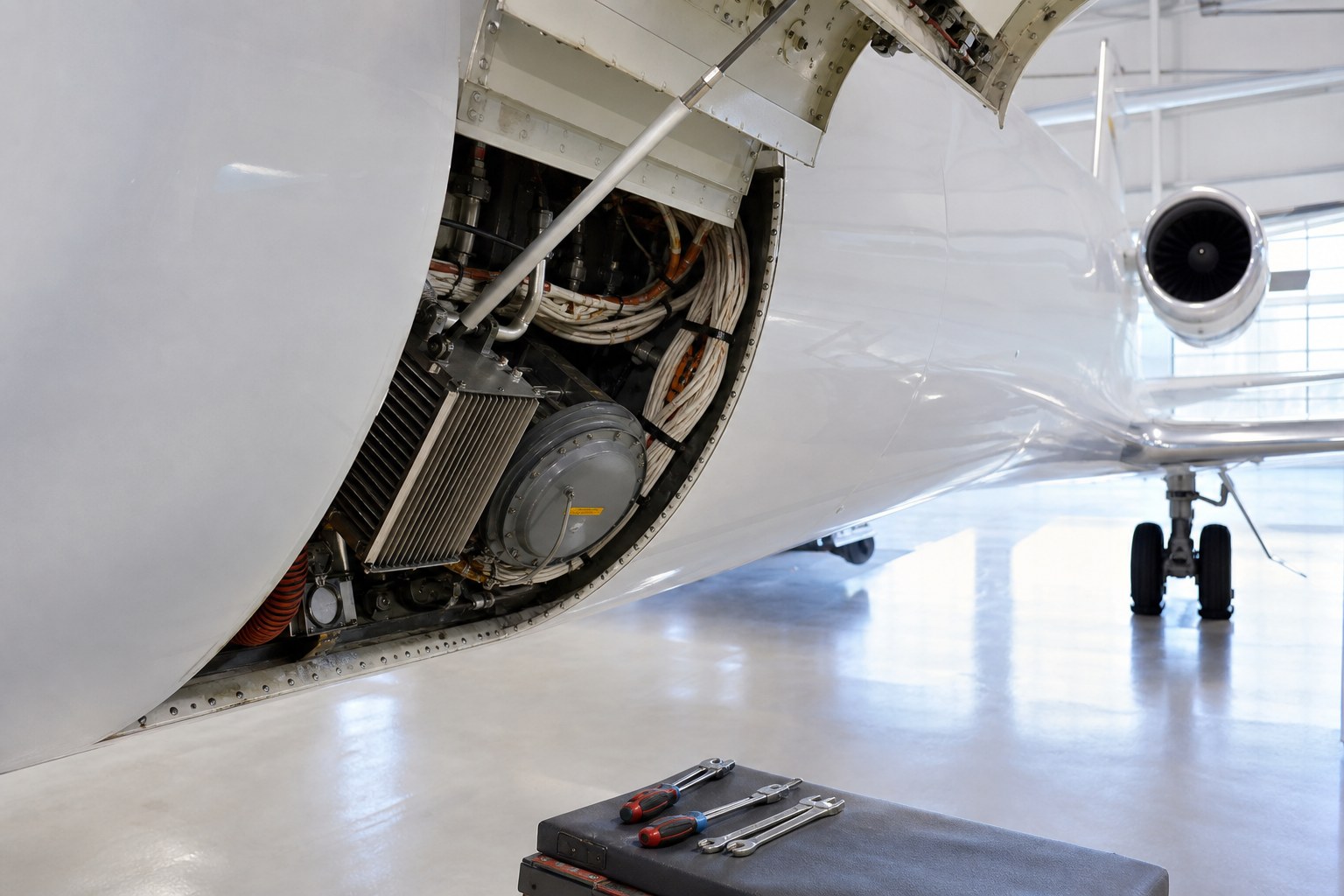 Open service panel on a business jet in a professional maintenance hangar
