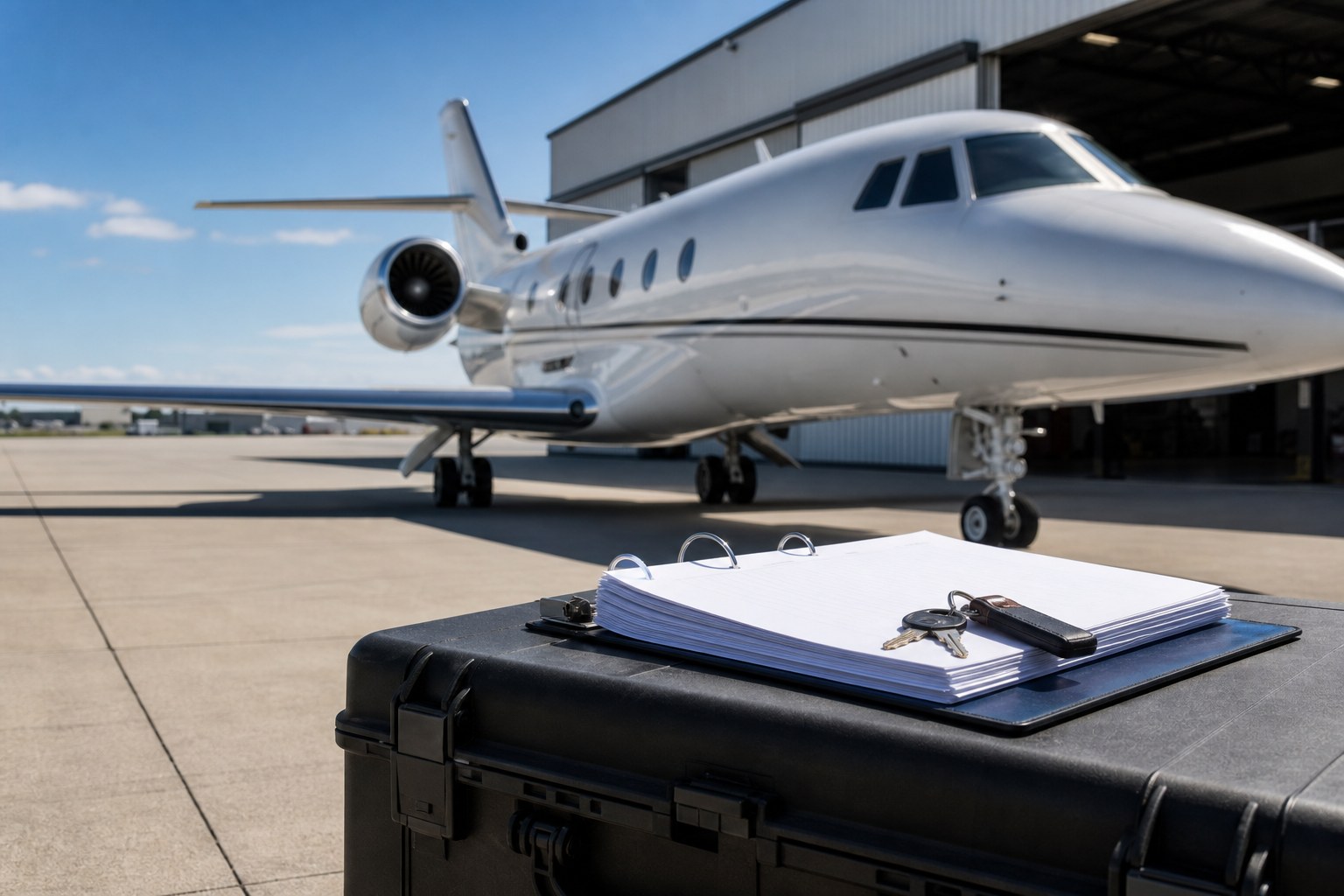 Business jet on a ramp with a purchase inspection binder and keys in the foreground