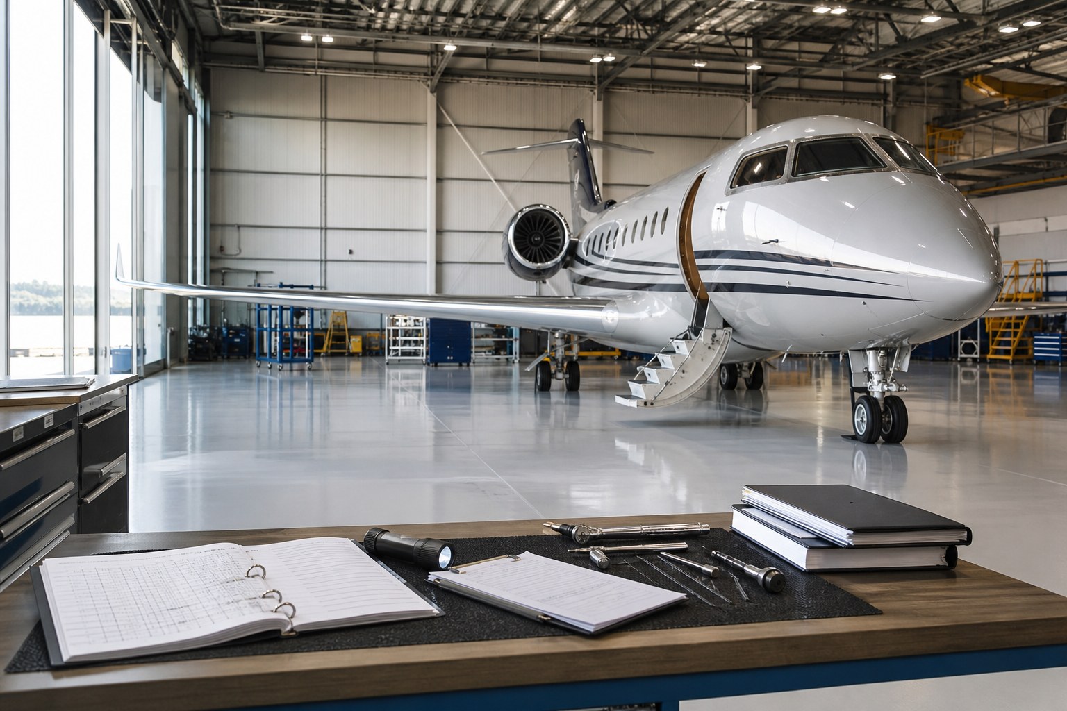 Business jet in a professional maintenance hangar with inspection materials in the foreground