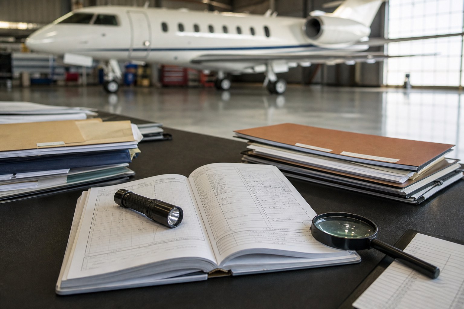 Aircraft maintenance logbooks and inspection materials arranged in front of a business jet