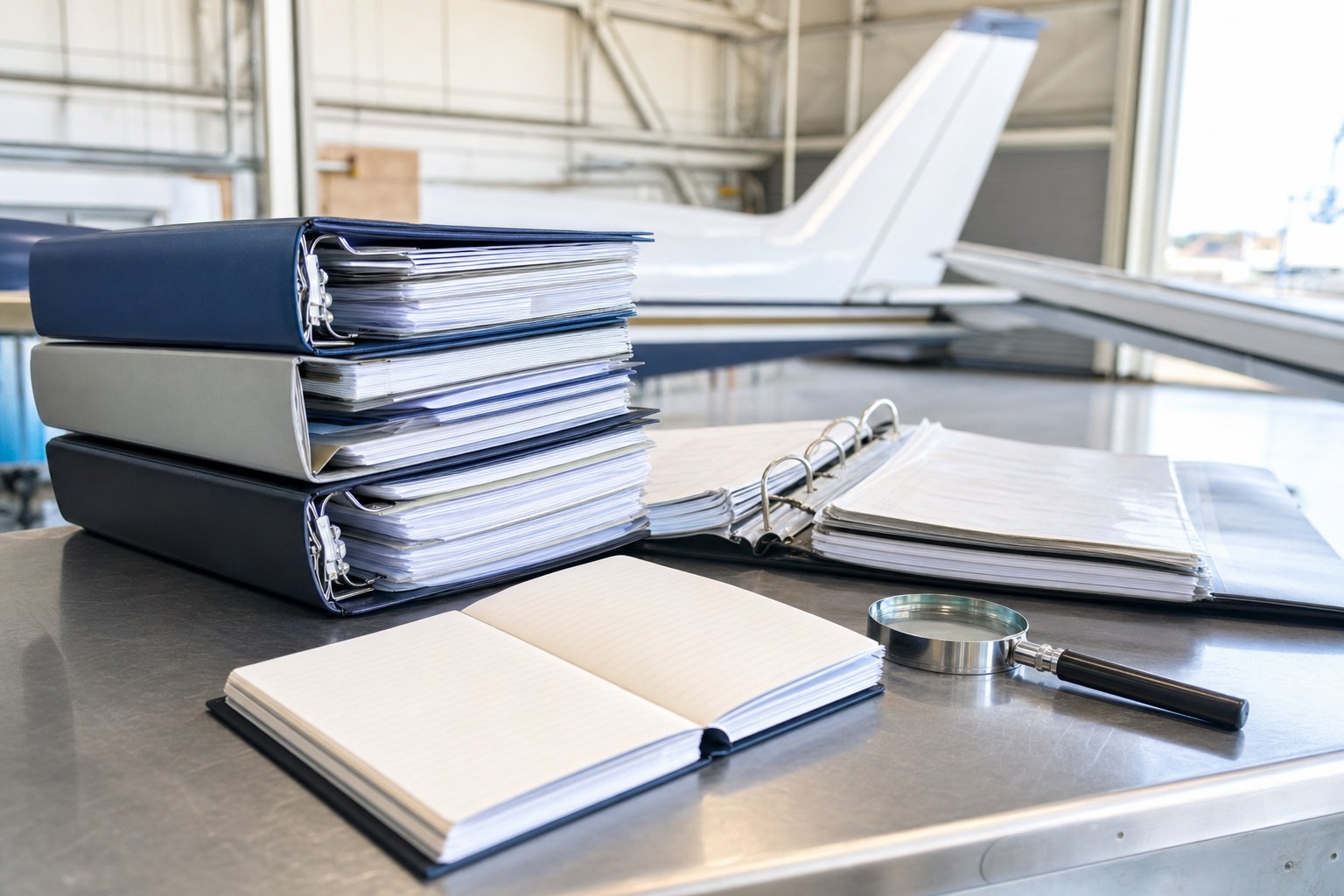 Organized aircraft maintenance binders and logbooks in a hangar