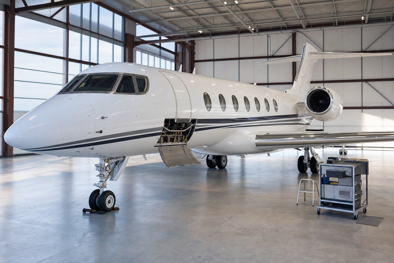 Business jet in a private hangar with an open service panel during a visual inspection
