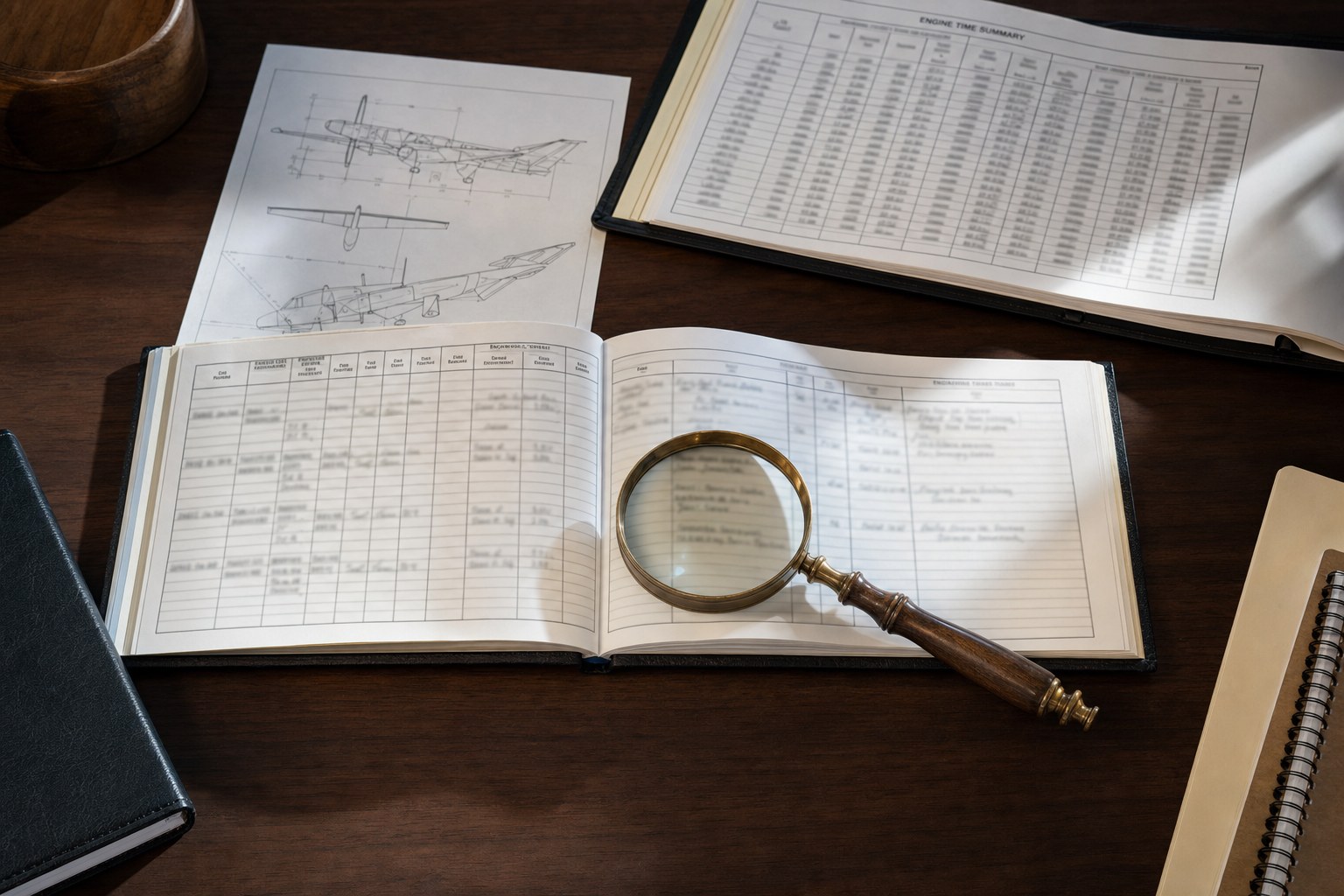 Aircraft maintenance logbooks and a magnifying glass arranged for a careful records review