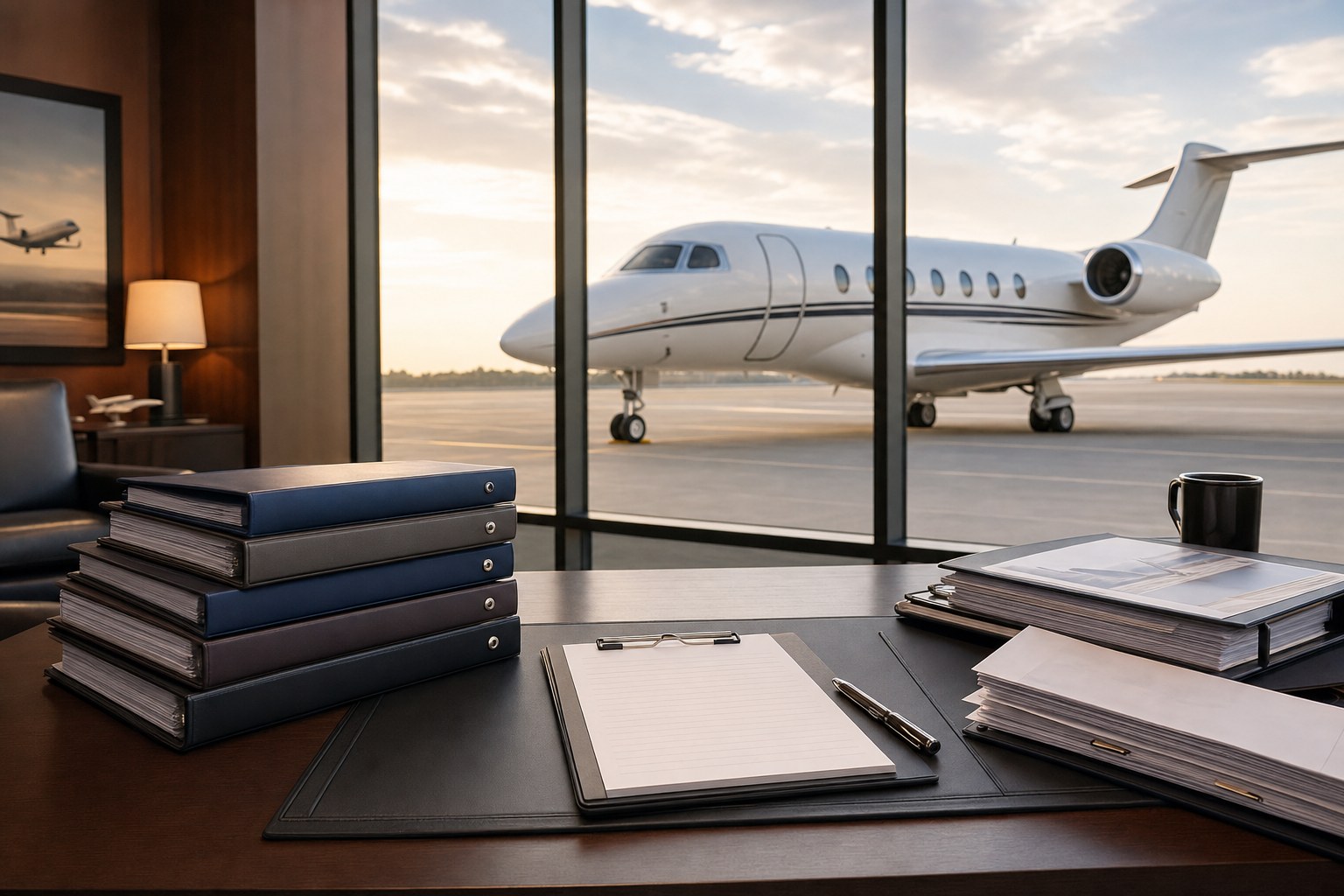 Business jet and organized purchase review documents in a private aviation office