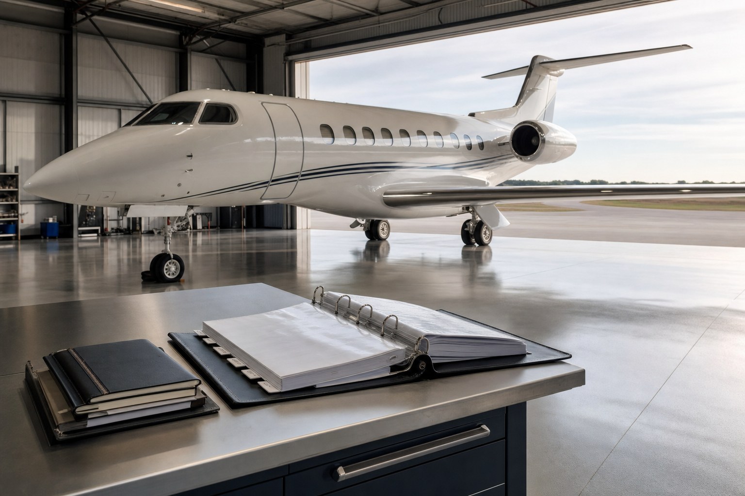 Business jet in a private hangar with organized aircraft maintenance records in the foreground