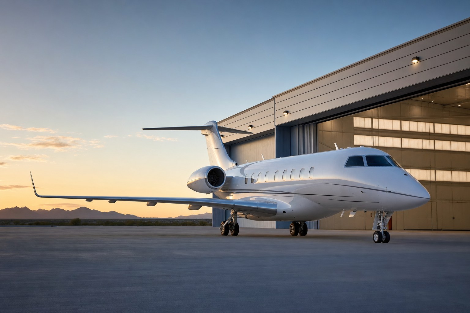 Business jet outside a private hangar at sunrise