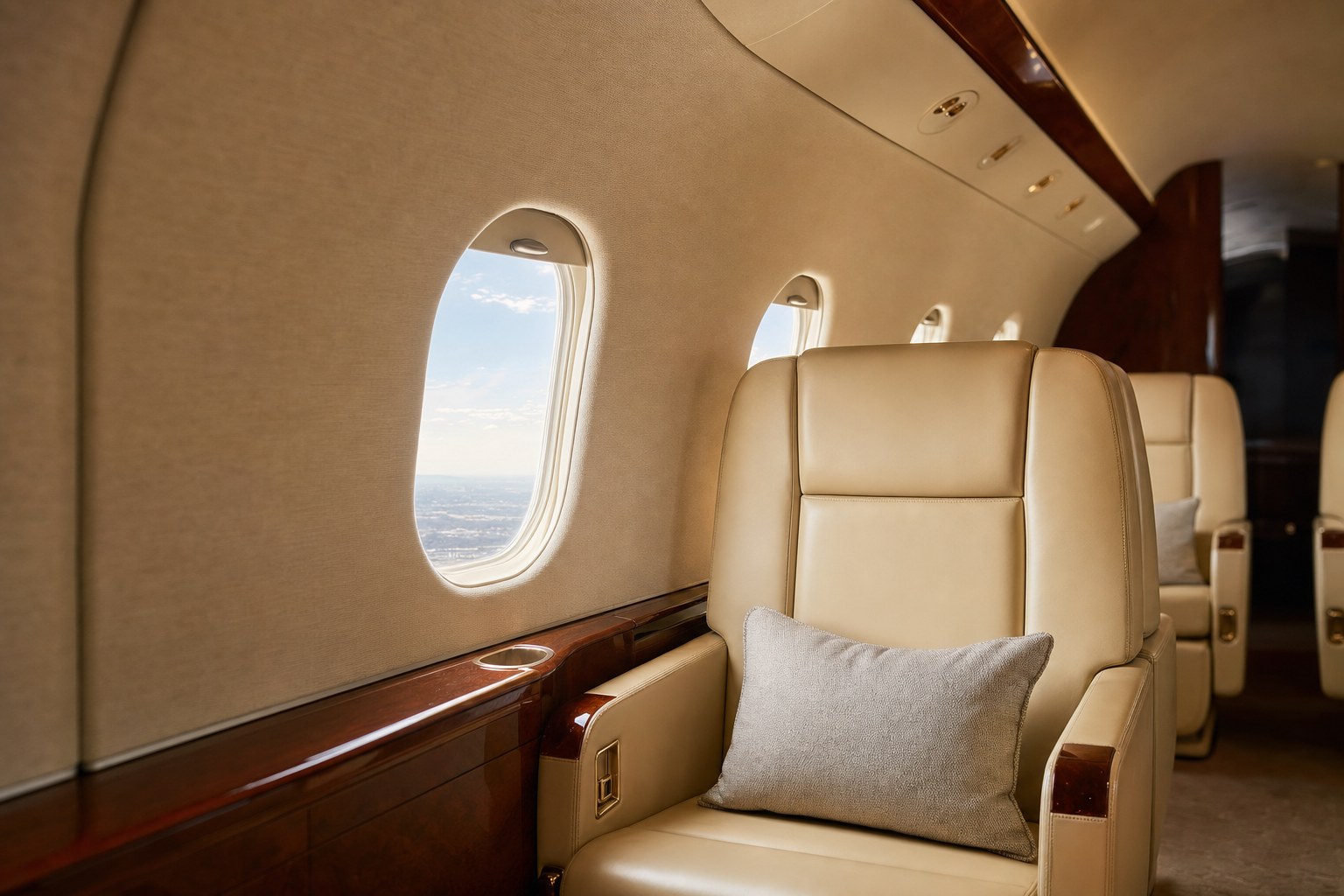 Private jet cabin with cream leather seating