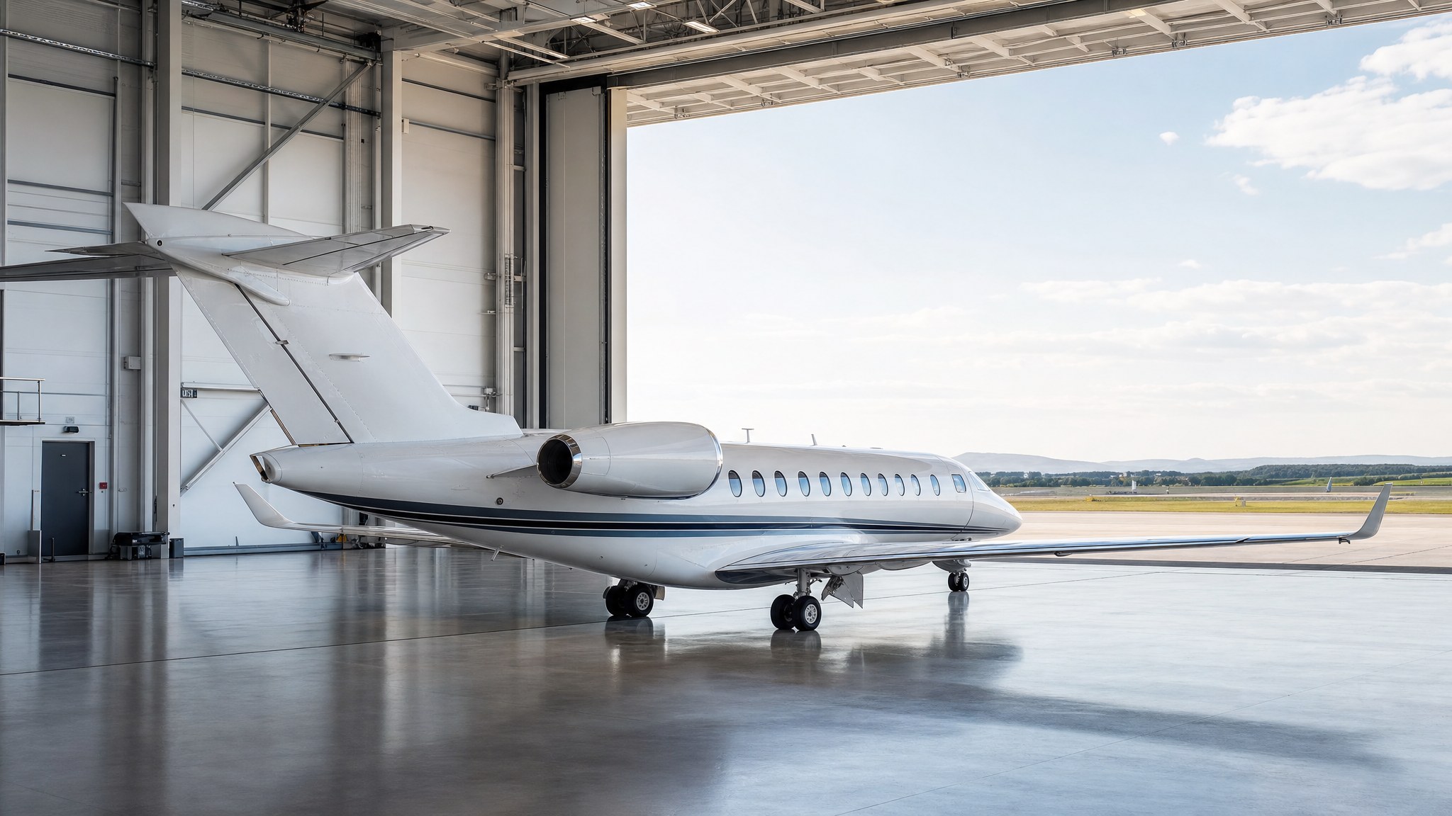 Business jet inside a private hangar