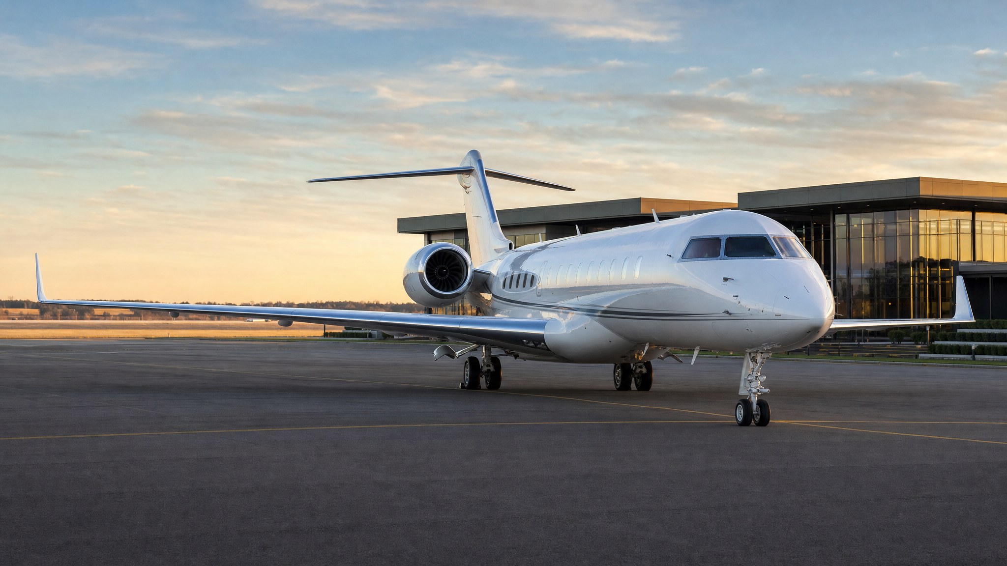 Business jet outside a private aviation terminal
