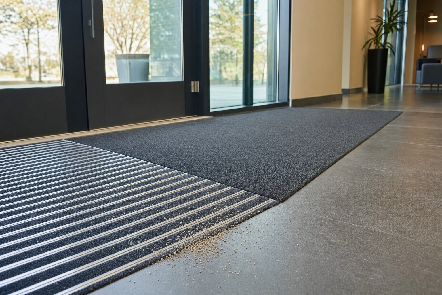 Commercial entrance matting protecting a hard floor from tracked-in grit