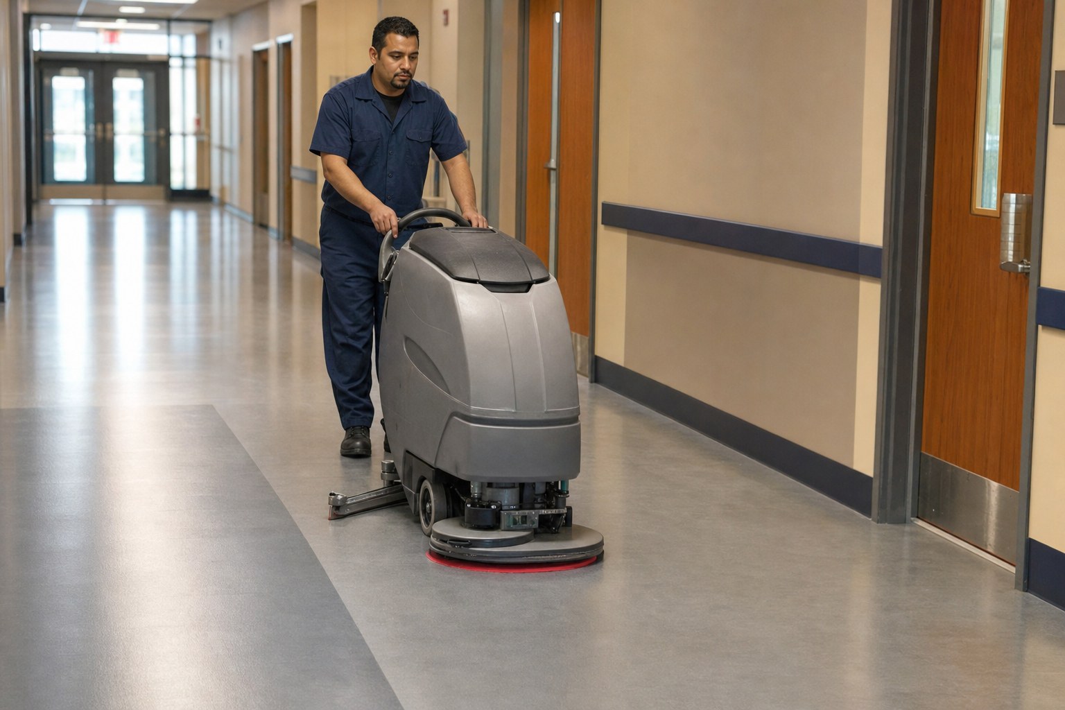 Floor-care technician using an automatic scrubber in a commercial corridor
