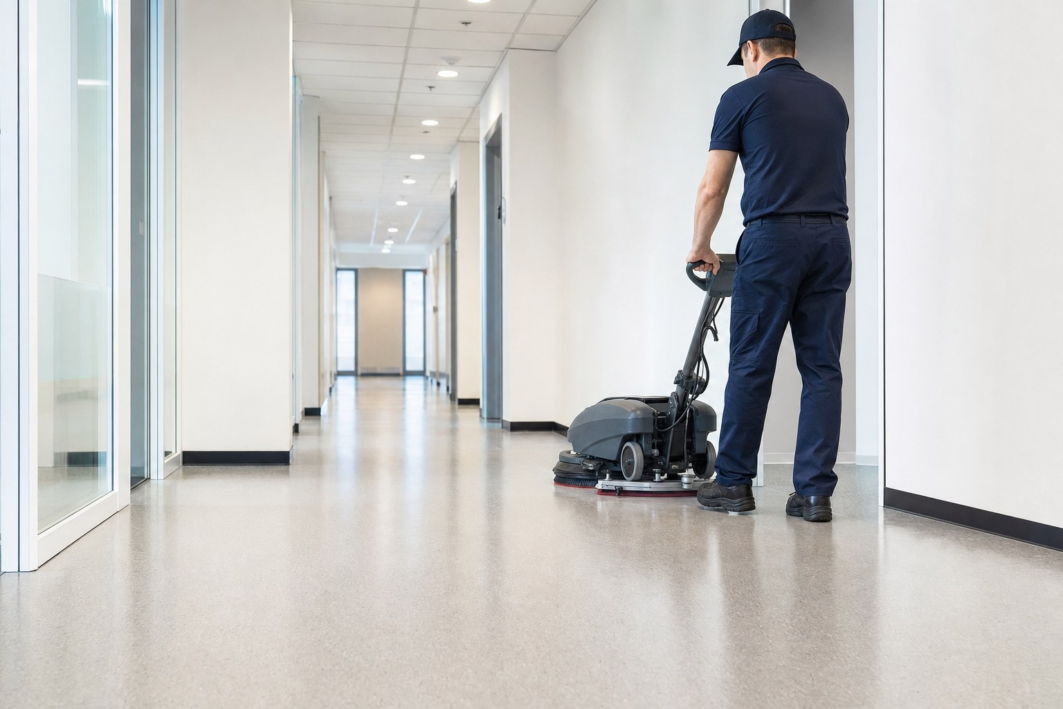 Floor-care technician using an automatic scrubber in a commercial corridor