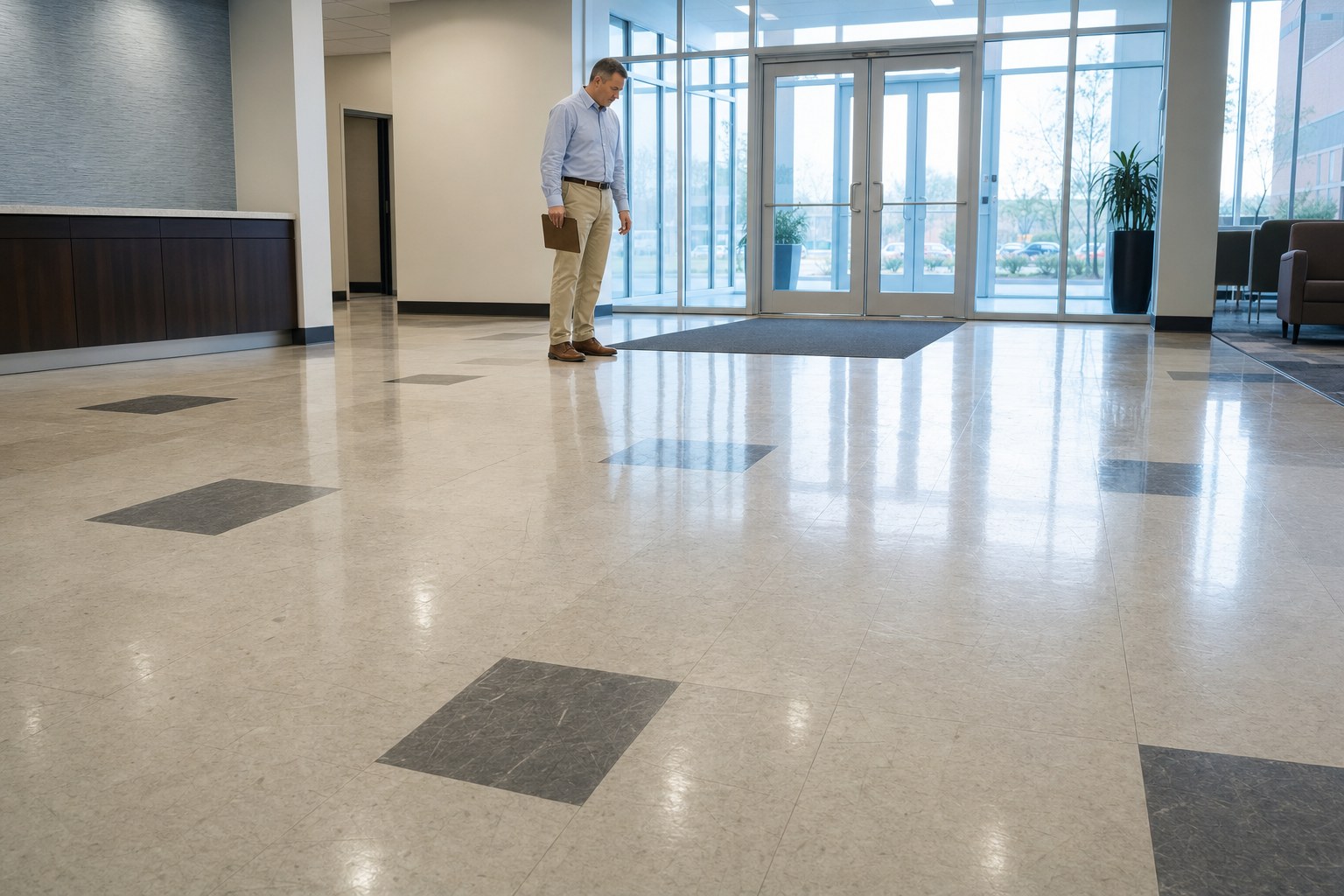 Facilities manager inspecting a commercial hard floor in an office lobby