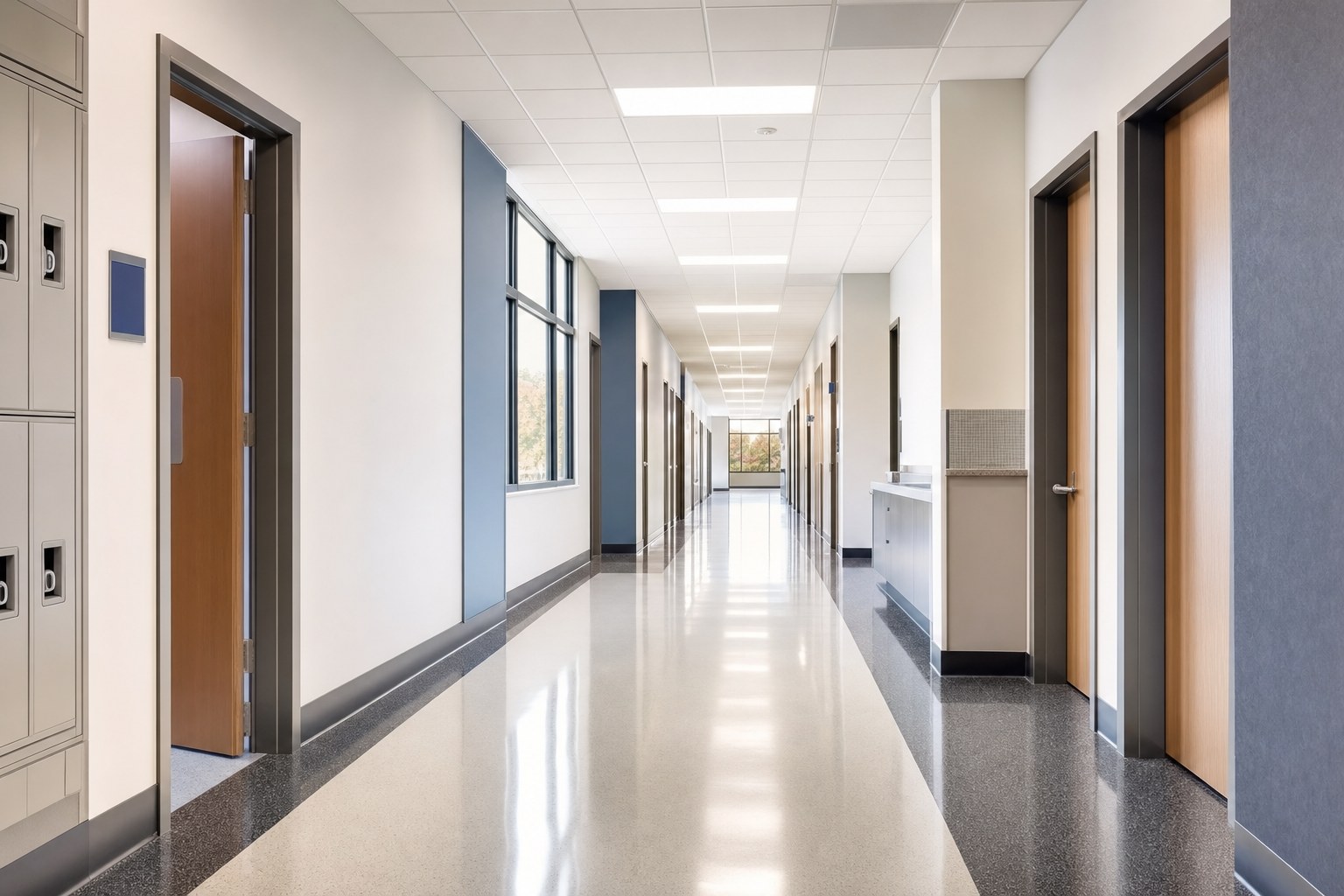 Bright clean institutional facility corridor