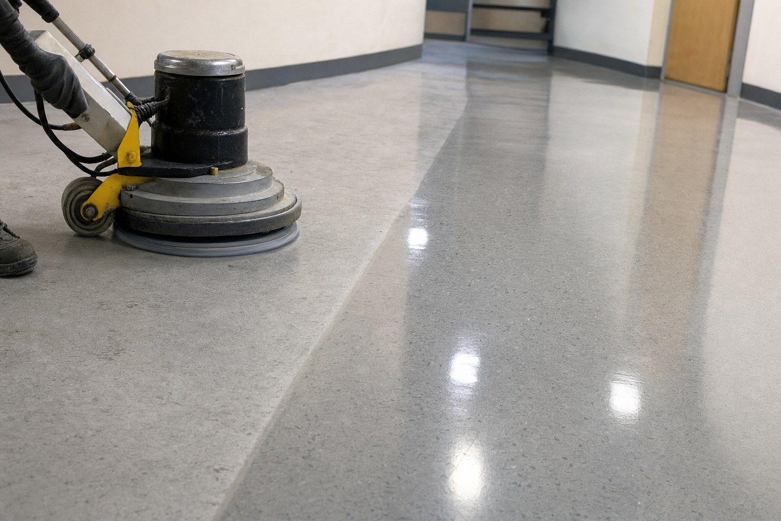 Floor-care equipment polishing a commercial floor