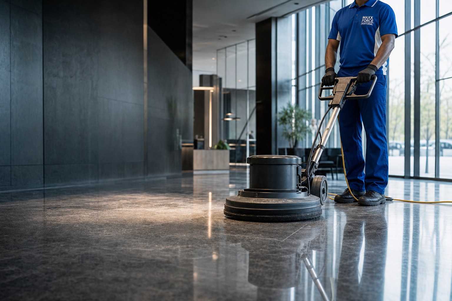 Worker in a blue and white MAXX FORCE JANITORIAL uniform operating a floor buffer in a commercial lobby