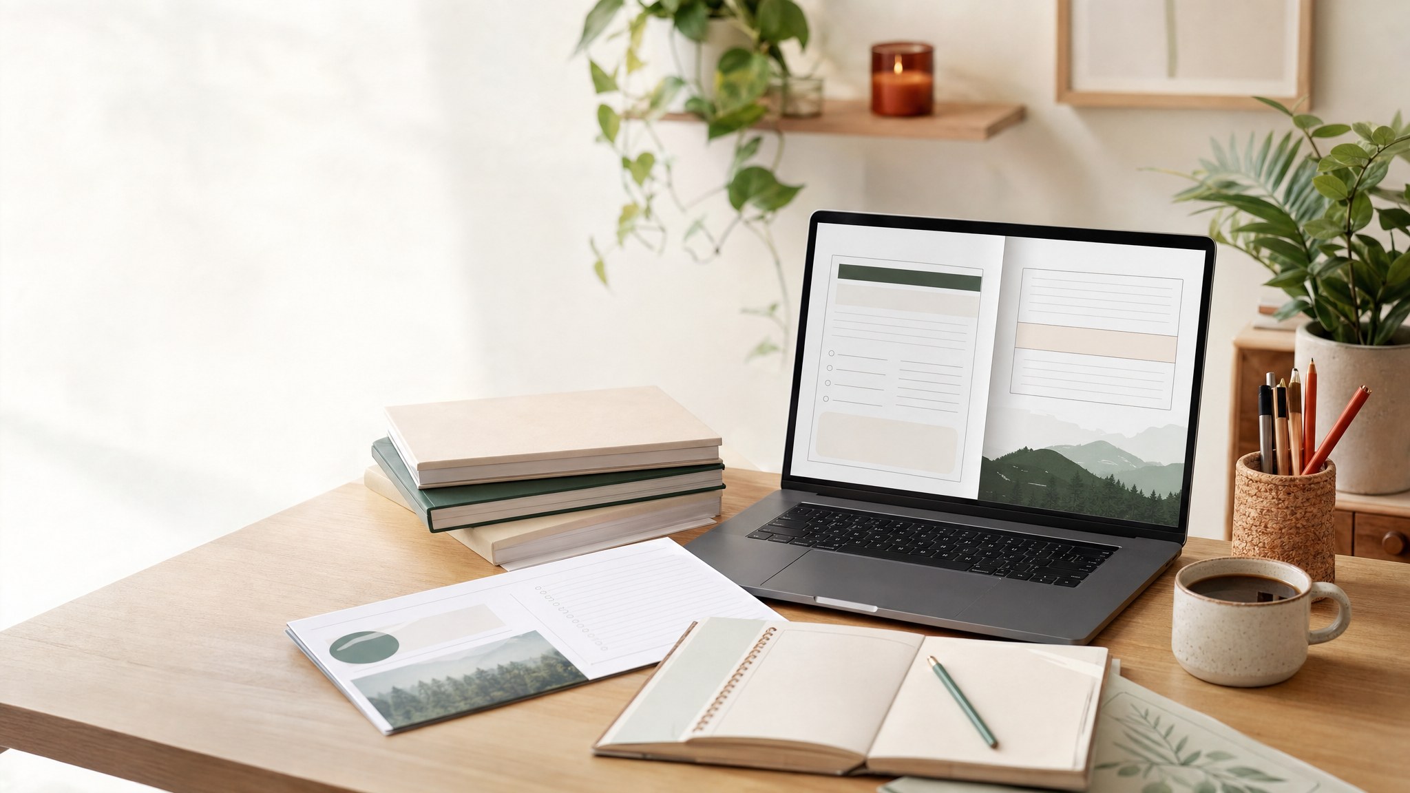A warm editorial shelf of guides, maps and notes