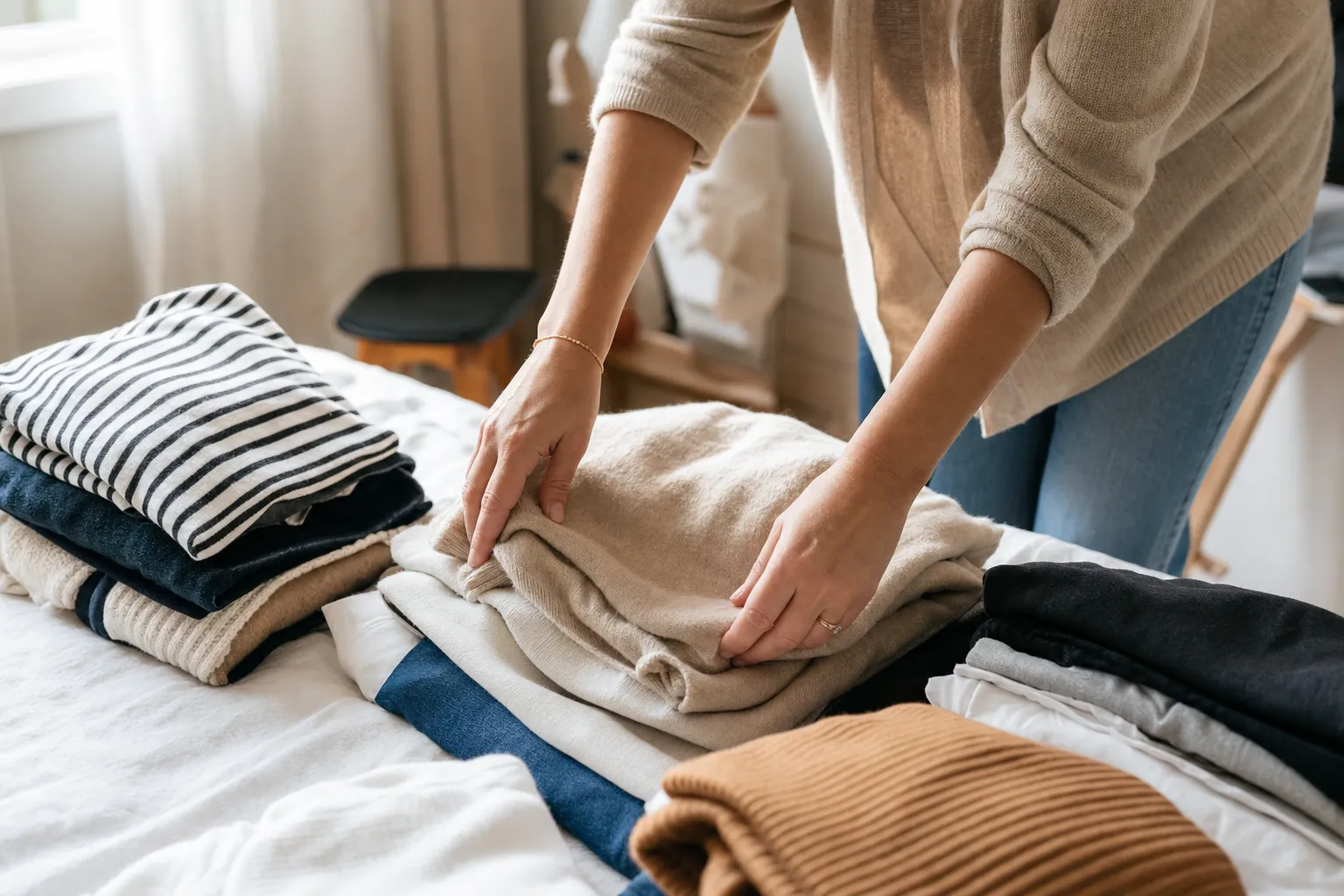 Hands sorting folded clothes while editing a wardrobe